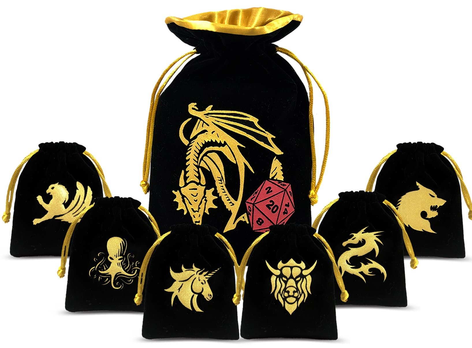 ENTOY 6 Small DND Dice Pouches with 1 Big Bag Black and Golden Drawstring Dice Bag for 6 Sets of D&D Dice