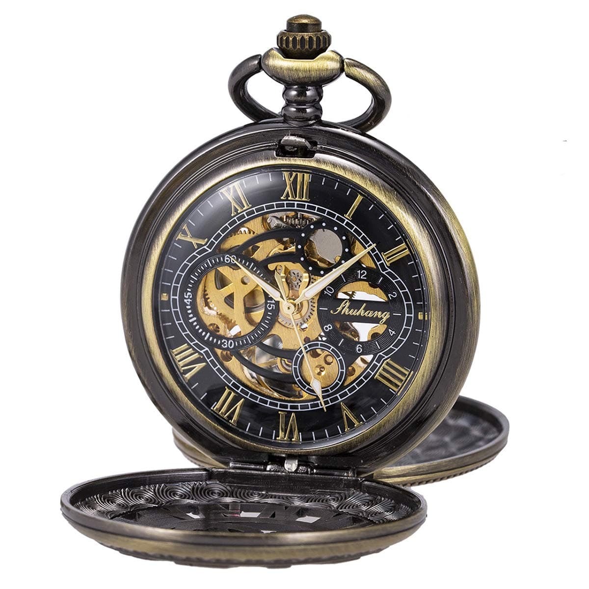 SIBOSUN Pocket Watch Skeleton Mechanical Double Case Hand-Wind Roman Numerals Antique Chain Mens