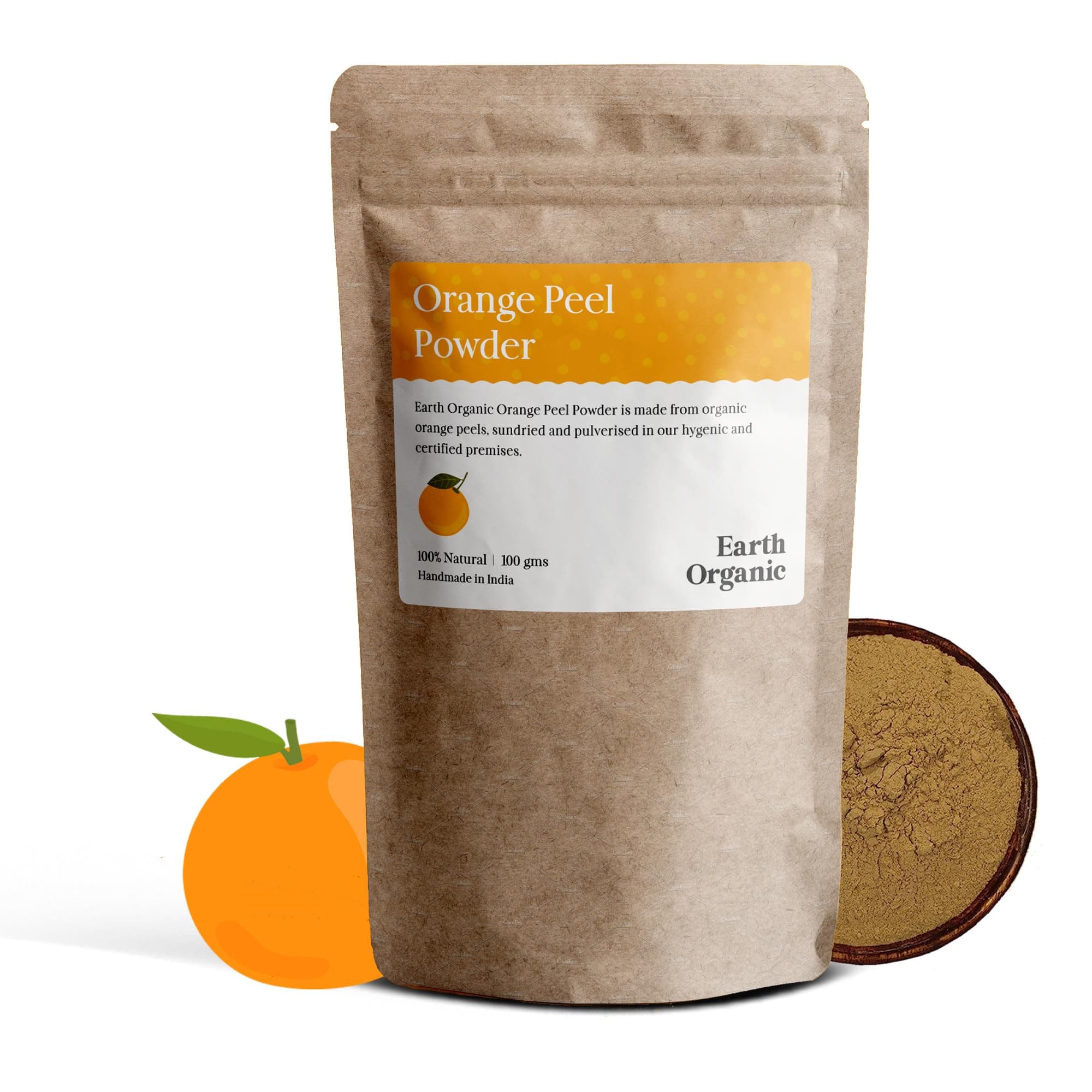 EARTH ORGANIC - Orange Peel Powder Face Pack (100gm) | Citrus aurantium - For Tan Removal, Oil Control, Glowing Skin, Scars, Natural Skin Cleanse with Vitamin C | Eco-friendly Pouch