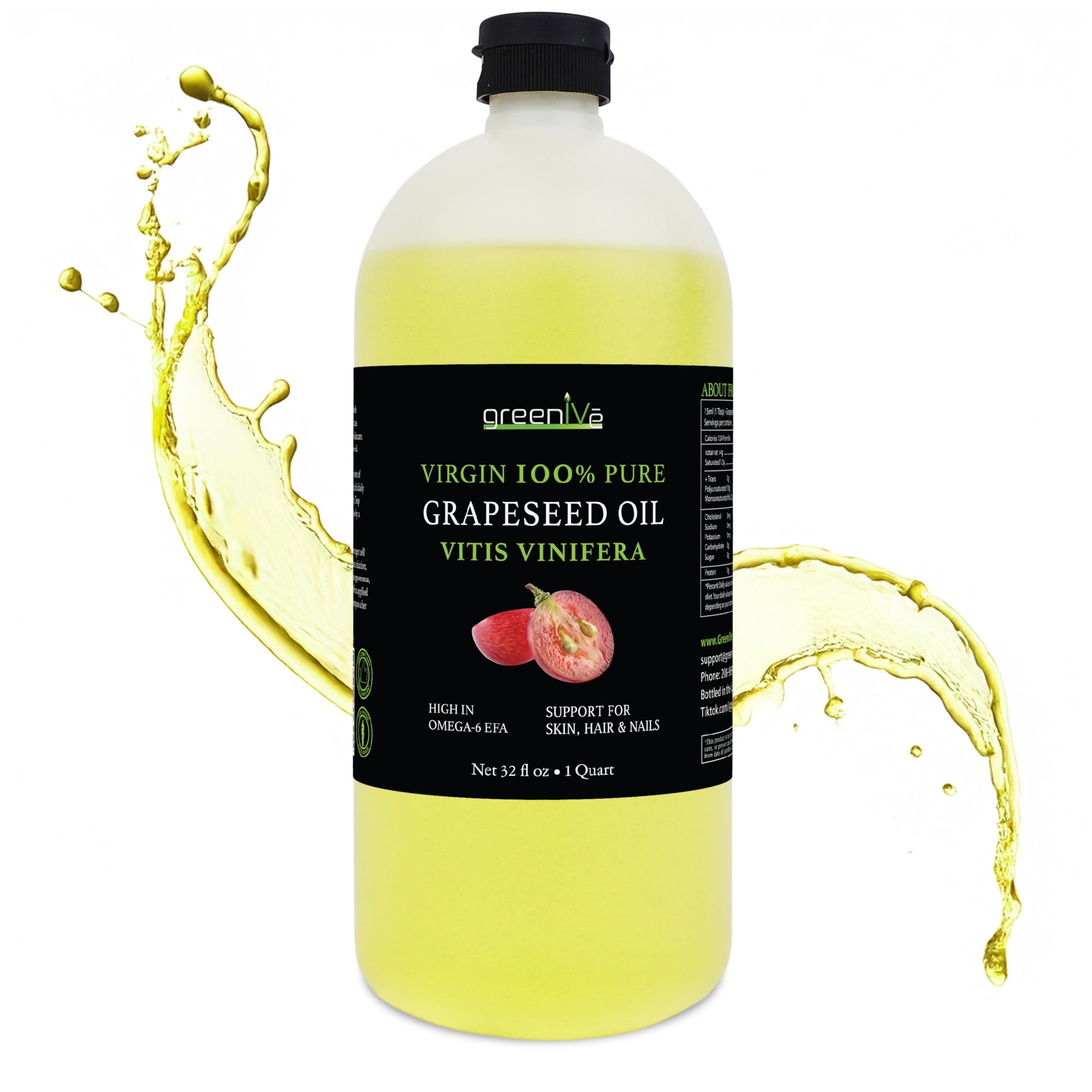 Grapeseed Oil Naturally Grown 100% Pure Cold Pressed Light Flavor High Tempurature Cooking 32oz