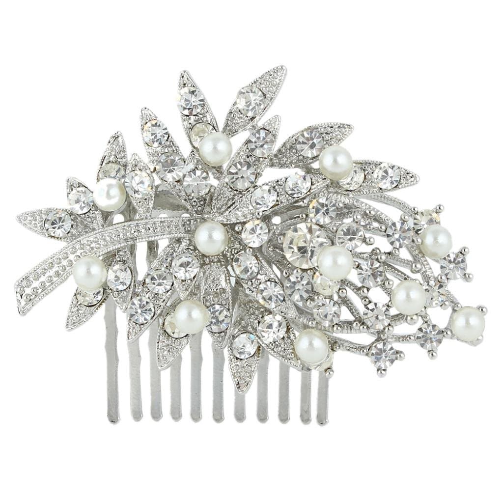 EVER FAITH Austrian Crystal Simulated Pearl Wedding Floral Leaf Branch Hair Comb Clear Silver-Tone