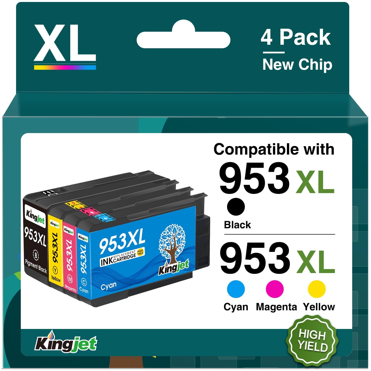 KINGJET 953XL Ink Cartridges Multipack New Chip for HP 953 953XL Ink Cartridges for HP OfficeJet Pro 7720 7740 8710 8218 8715 8718 8719 8720 8725 8728 8730 8740 7730 8210 (Black Cyan Magenta Yellow)