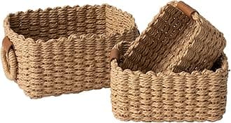 La Jolíe Muse Woven Wicker Storage Baskets, Paper Rope Storage Boxes Bin Organizer Divider for Cupboards Drawer Closet Shelf Dresser, Set of 3 (Desert)