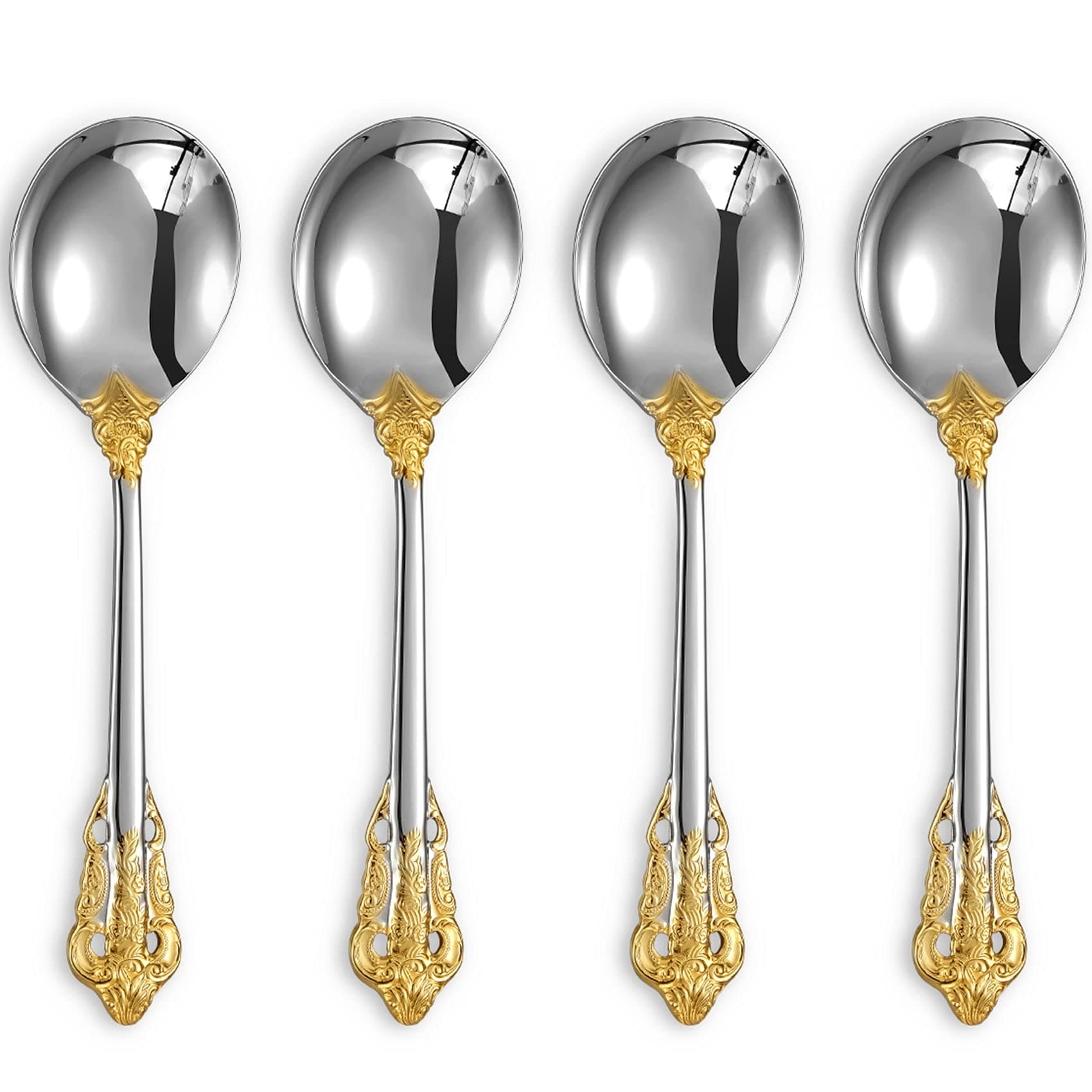 KEAWELL Gorgeous Round Soup Spoon, Set of 4, 18/10 Stainless Steel, Luxury Bouillon Spoon, Dishwasher Safe, Fine Mirror Polished (Gold Accent)