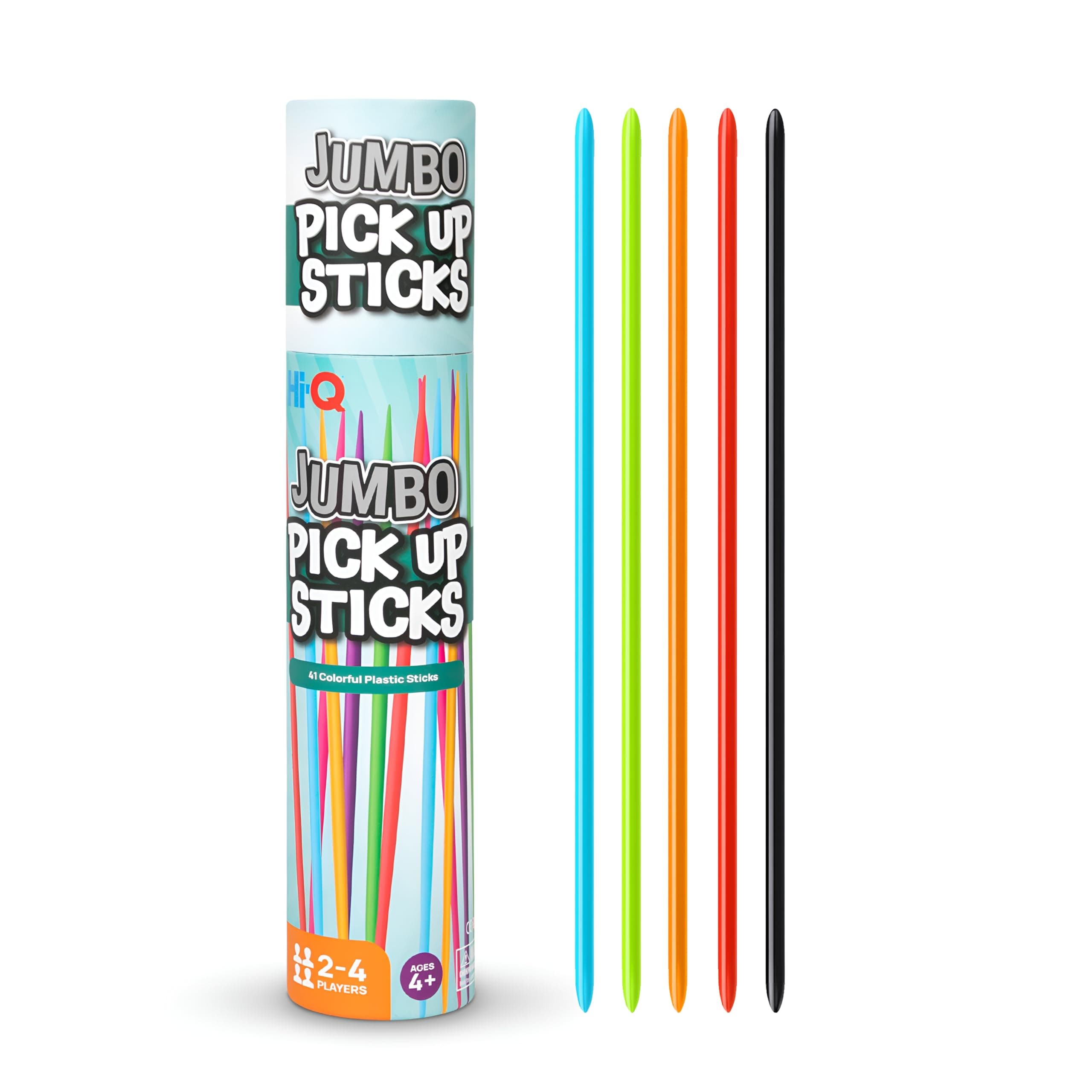 Hi-Q Jumbo Pick Up Sticks Game: 41 Brightly Colored Plastic 9.5" Pick up Sticks in Storage Can, for All Ages!