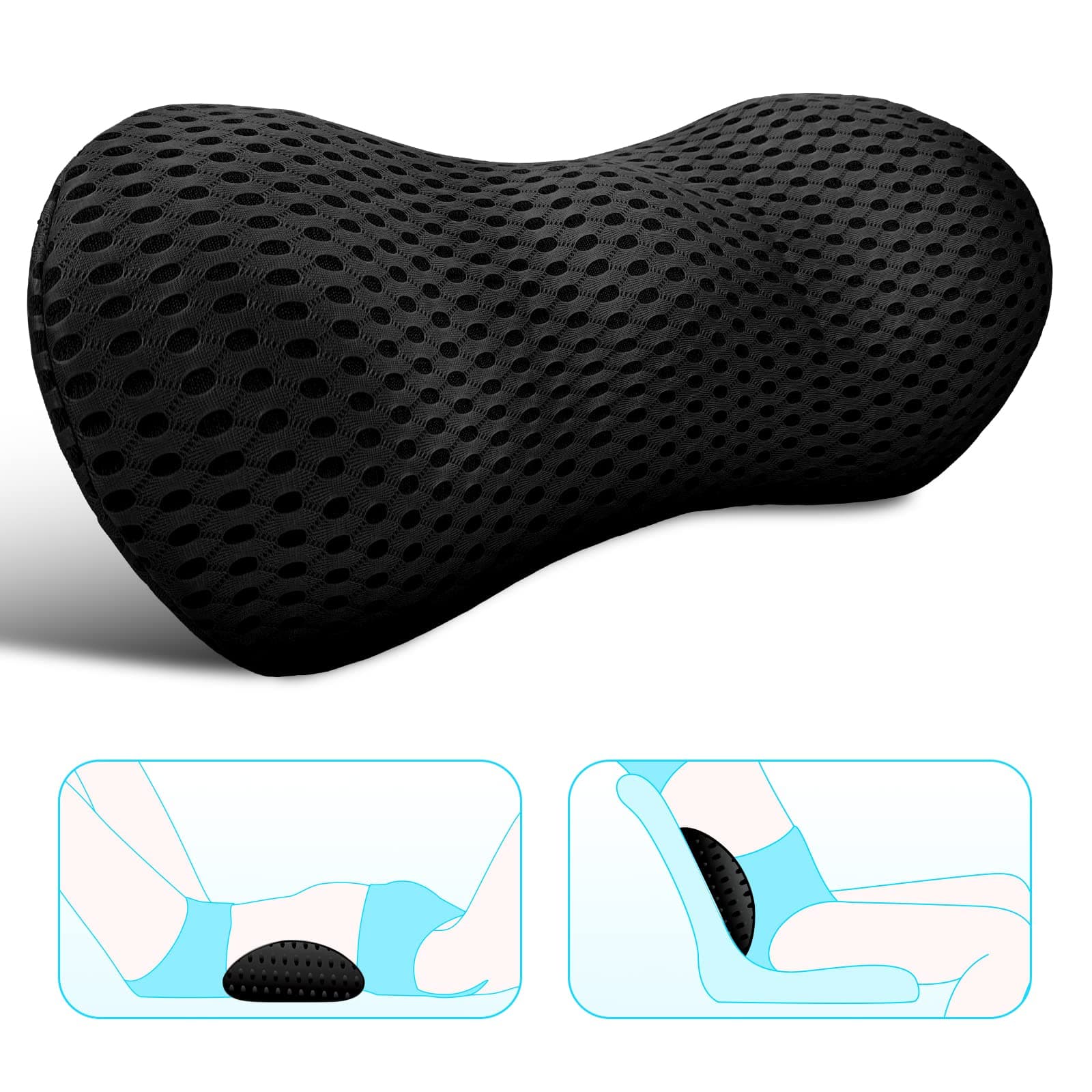 Lumbar Support Pillow - Memory Foam for Low Back Pain Relief, Ergonomic Streamline Car Seat, Office Chair, Recliner and Bed (Black)