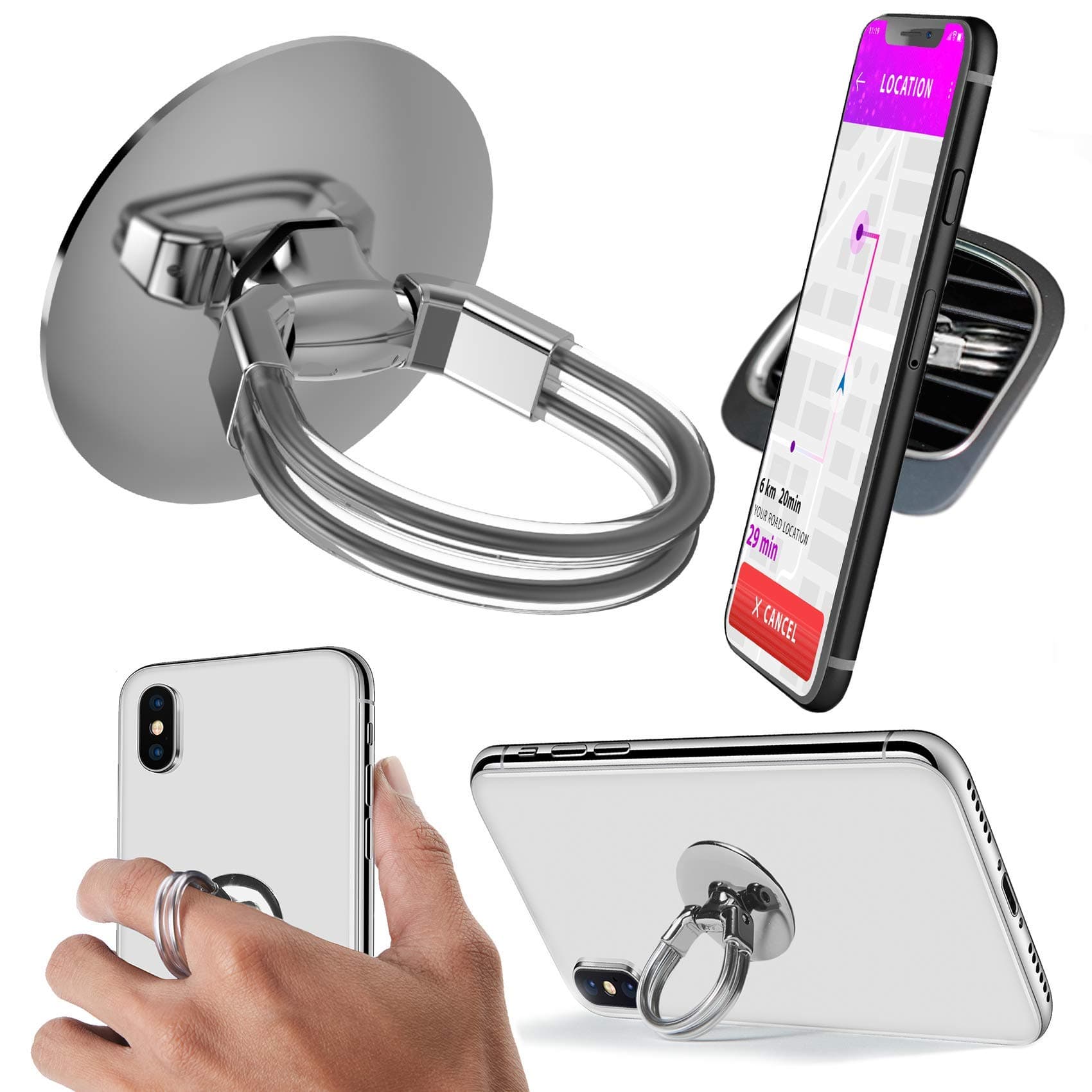 Aduro Phone Ring Holder [3-in-1] - Phone Ring, Phone Stand, Phone Car Vent Mount, Finger Grip Phone Holder for All iPhone, Samsung Galaxy (Silver)
