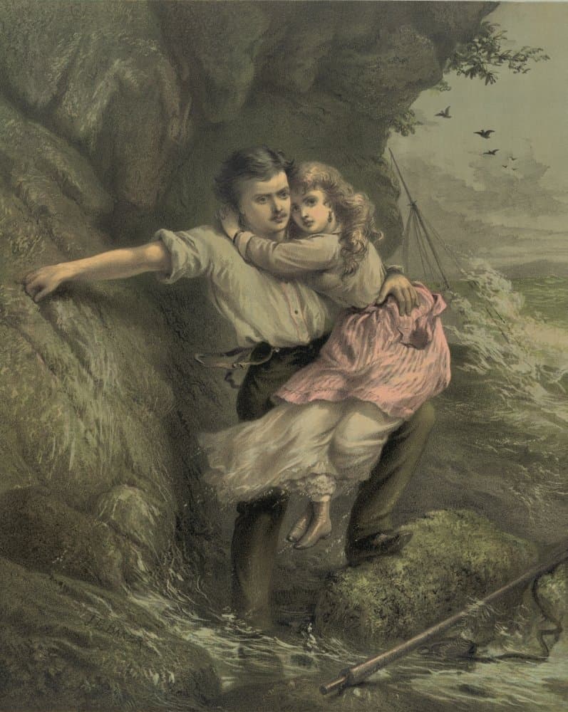 A young man holds a girl with her arms around him as he is next to a cliff grabbing on to protect her from oncoming wave Poster Print (24 x 36)