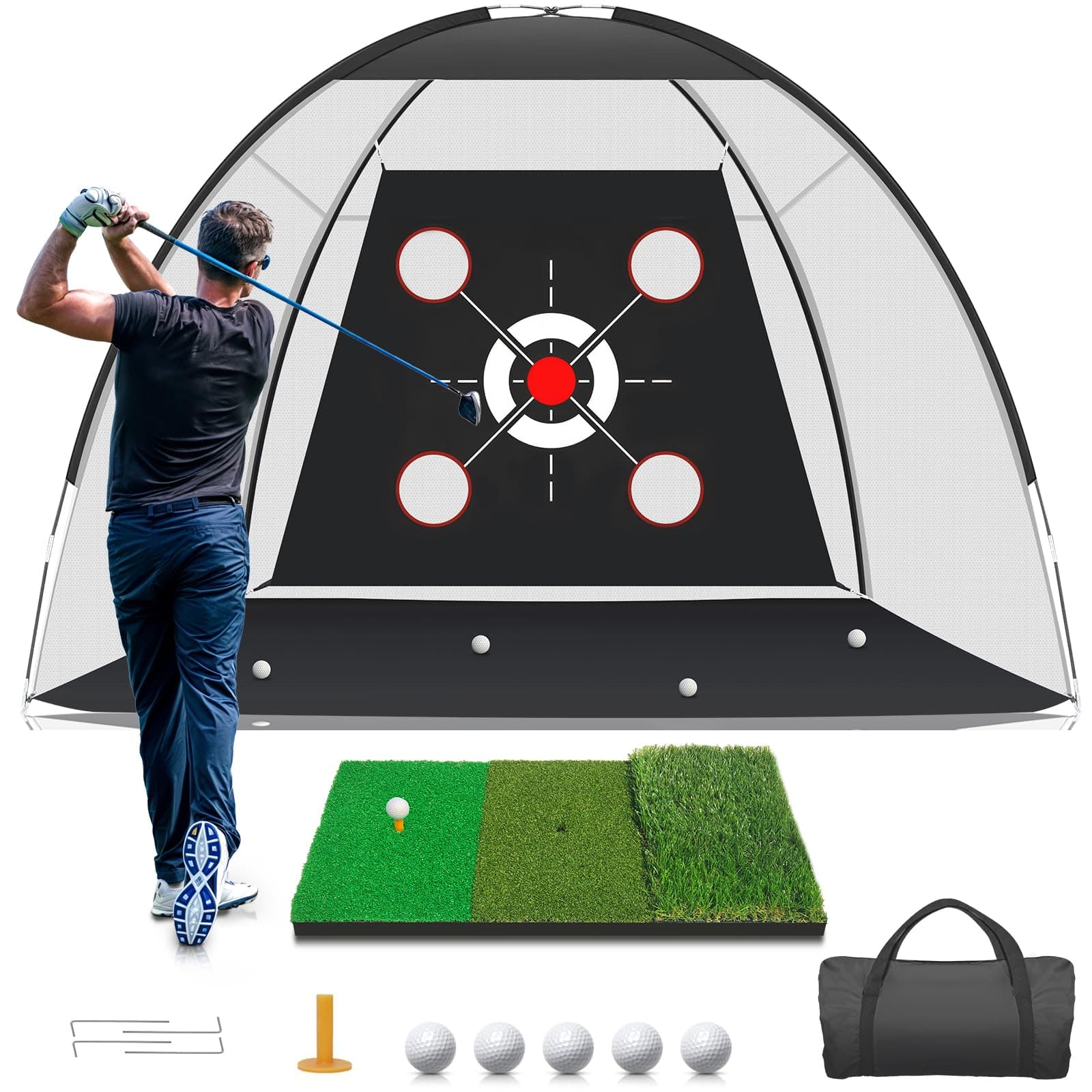 Golf Net with Practice Mat,Golf Hitting Aid Nets 10x7FT for Backyard Driving Chipping Training Swing with Target Mat Balls for Outdoor Indoor，Gifts for Men Dad Him and Golfer