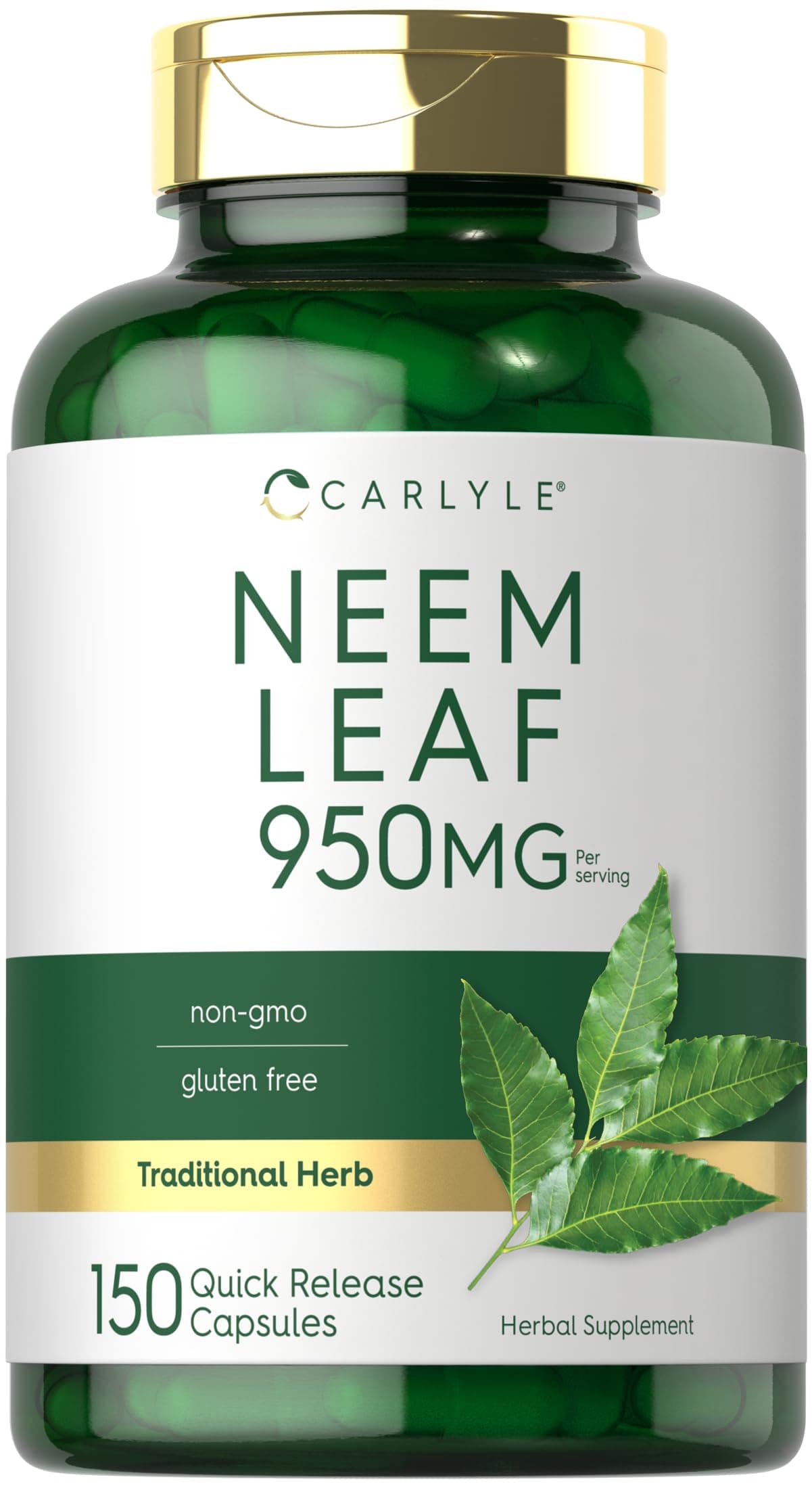 Carlyle Neem Leaf | 950mg | 150 Powder Capsules | Non-GMO and Gluten Free Formula | Value Size | Traditional Herbal Supplement | Azadirachta Indica