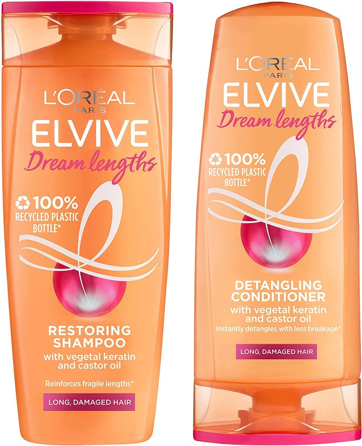Paris Elvive Dream Lengths Shampoo and Conditioner Set for Long Hair, Nourishing & Strengthening Treatment to Prevent Hair Breakage, Enriched with Castor Oil