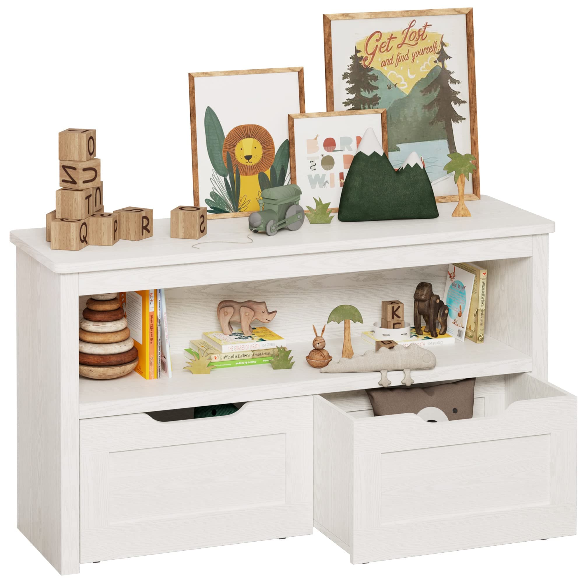 Toy Storage Organizer with Drawers, Floor Toy Box with Wheels and Open Shelf, Storage Chest for Nursery, Playroom and Bedroom, White