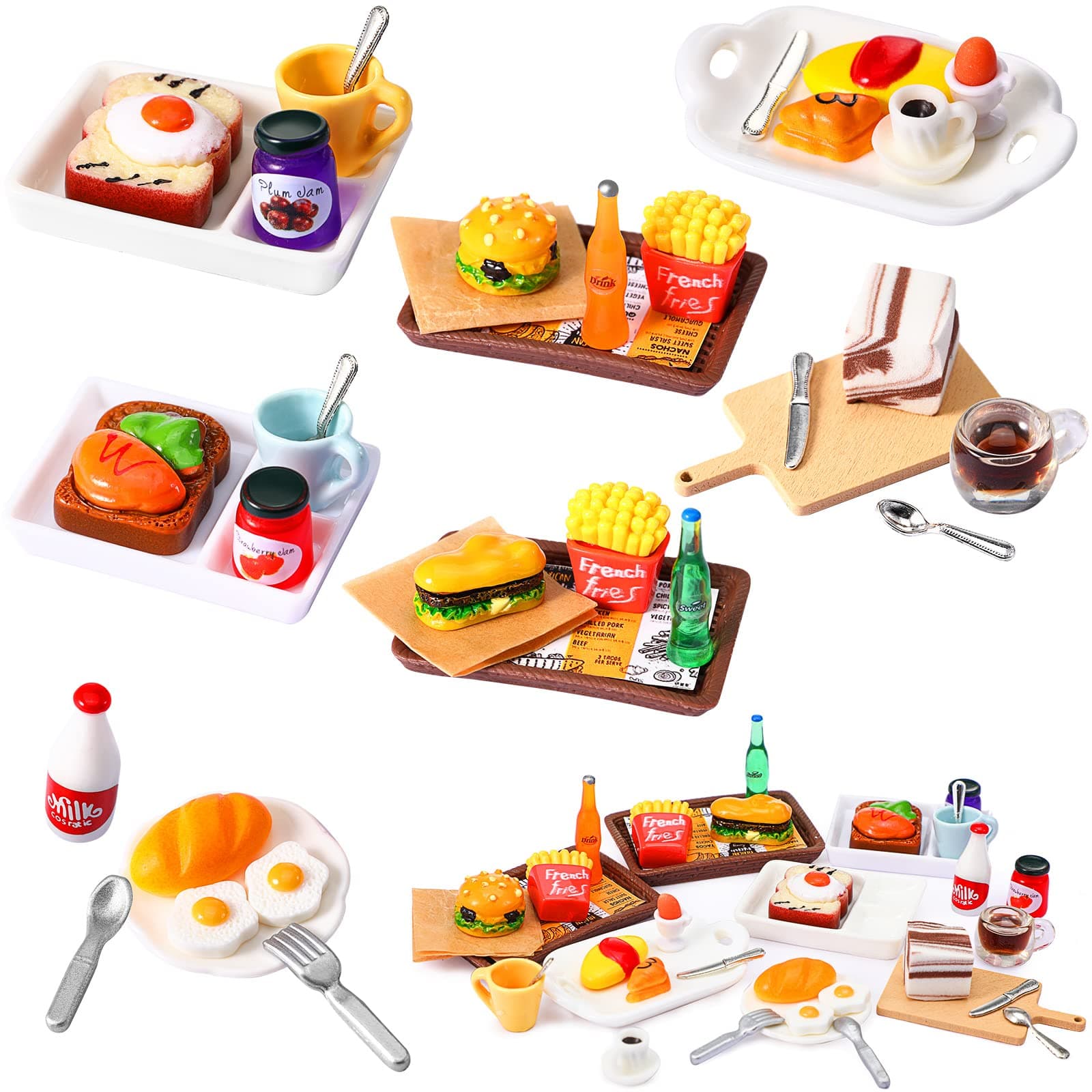 Civaner 38 Pcs Miniature Food Toy Miniature Doll House Accessories Miniature Play Sets Small Doll Food Dollhouse Food, Hamburger Fries Soda Milk Juice Fast Food Set for Pretend Play Kitchen