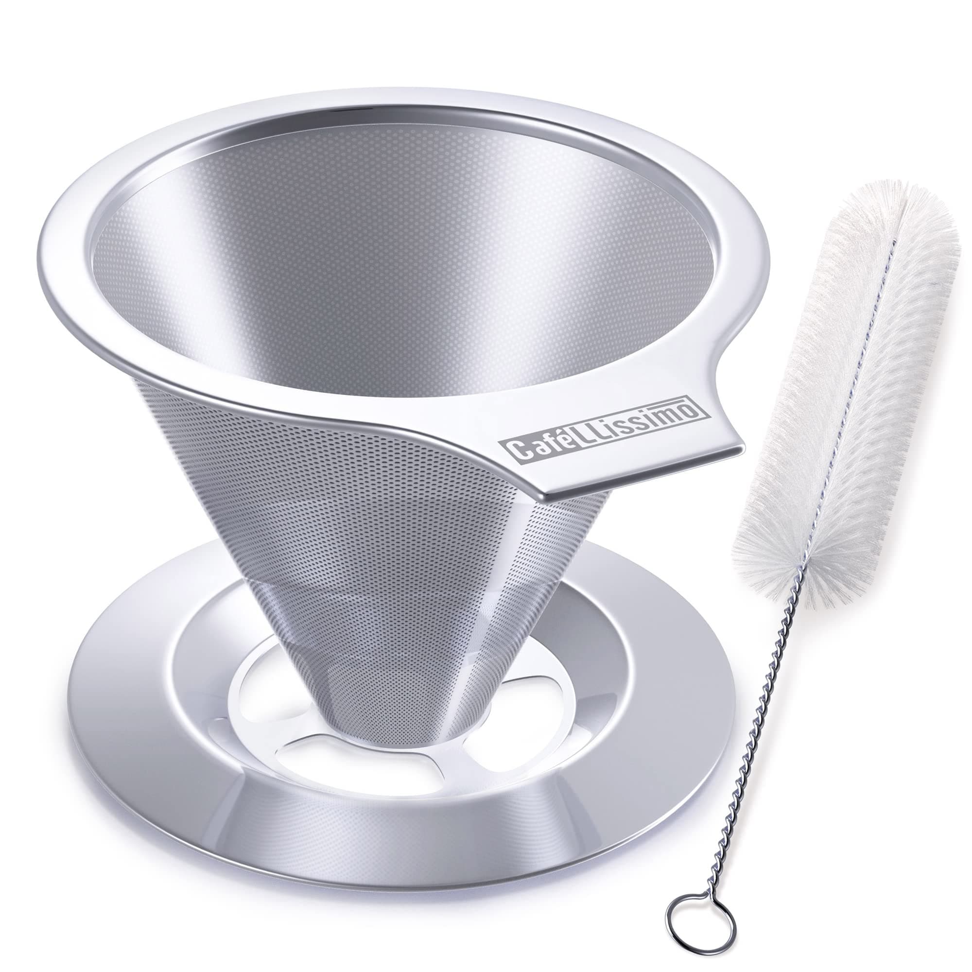 Pour Over Coffee Dripper, Slow Drip Brew Coffee Filter, Paperless Reusable Metal Cone Filter, Stainless Steel with Double Mesh Liner and Cleaning Brush [1-2 Cups]
