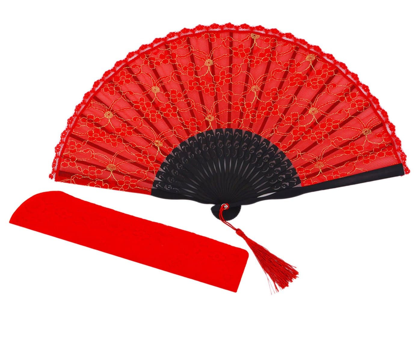 meifan Womens Multi Color Handmade Cotton Lace Folding Hand Fan (Red)