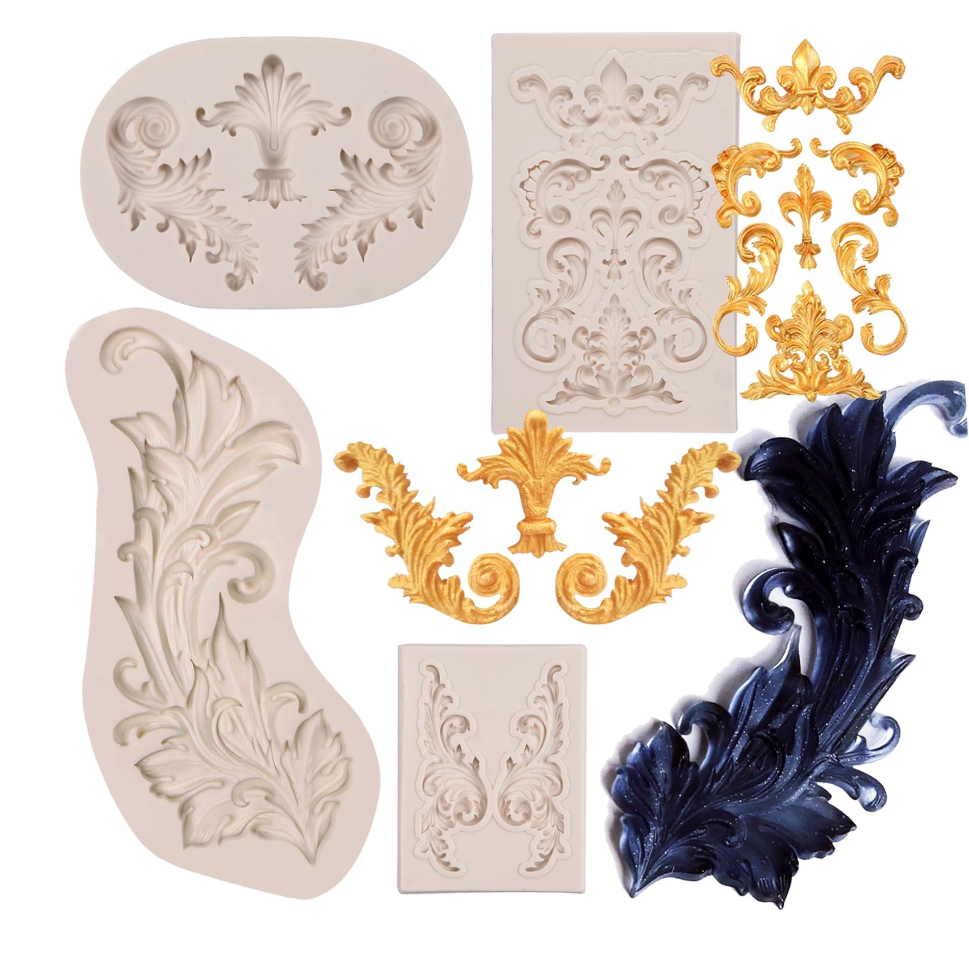 Baroque Silicone Fondant Molds, (4 Pack) Scrolls Border Feather Crown Corner Molds for Cake Decorating Polymer Clay