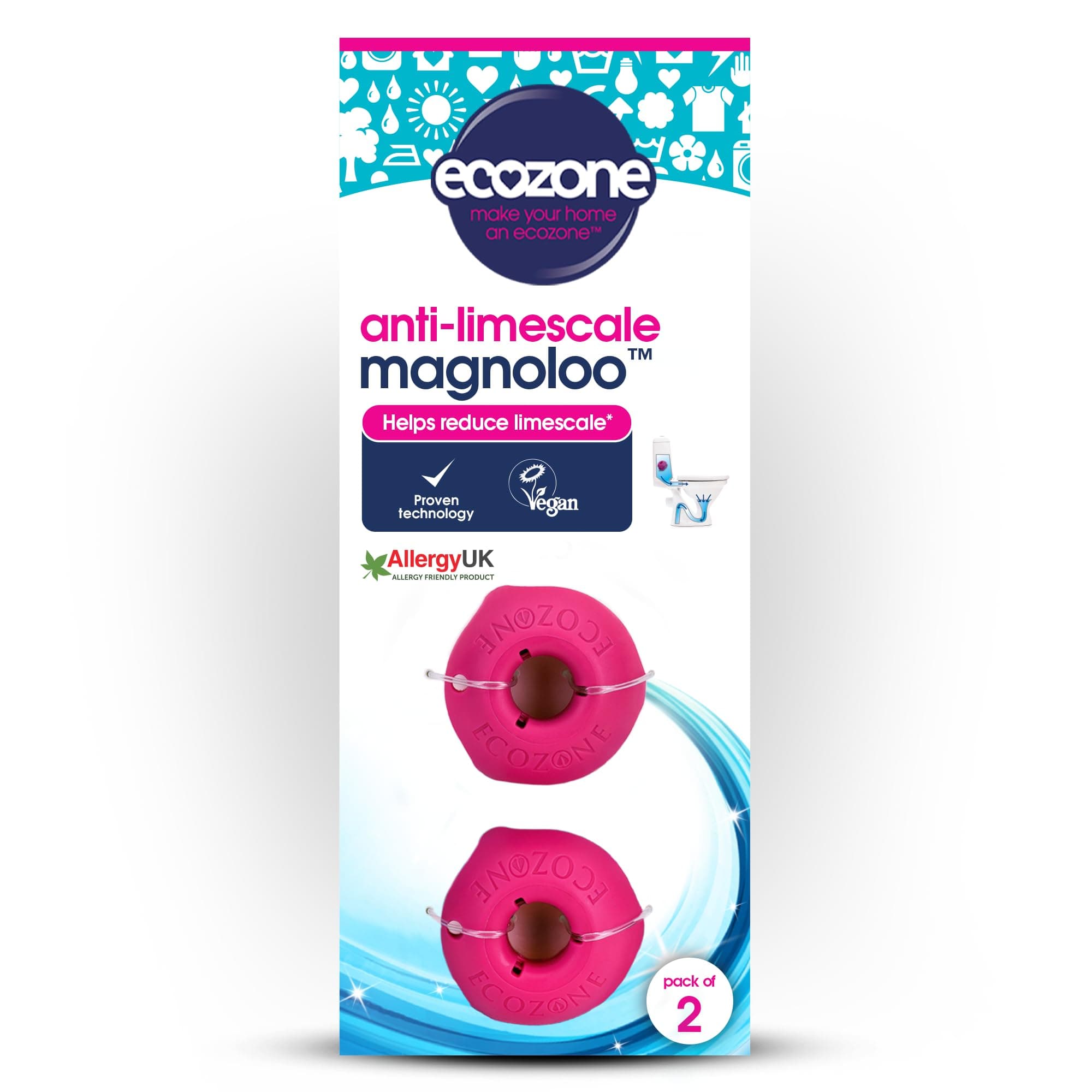 Ecozone Magnoloo Anti Limescale Treatment For Toilets, Removes & Prevents Limescale, Lasts For Up To 5 Years, AllergyUK Certified, Vegan, Cruelty Free - Pack of 2