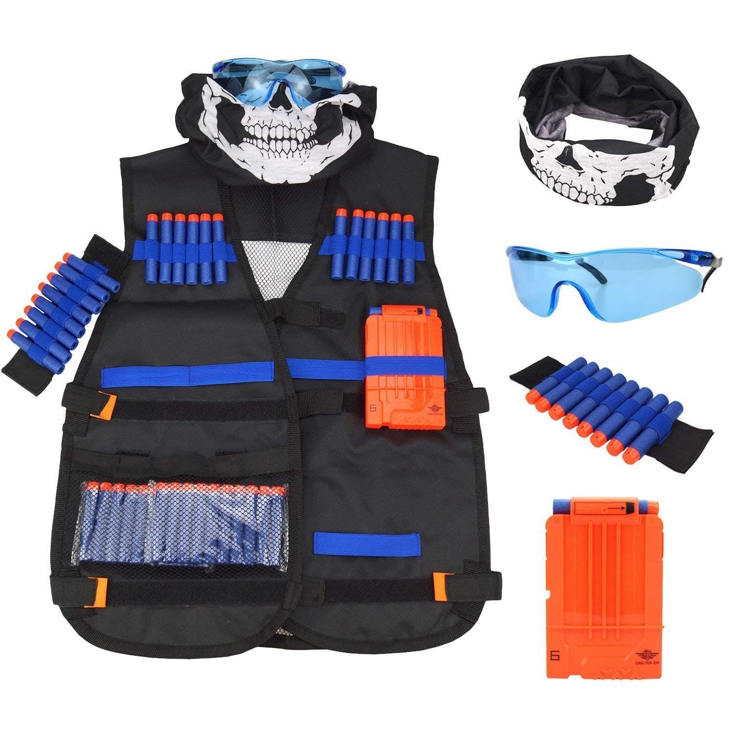 Tactical Vest Kit Kids for Nerf Guns N-Strike Elite Series with 1Pcs 8-Dart Wrist Band 20 Pcs Soft Foam Darts Bullets Seamless Face Mask & Goggle 1Pcs Quick Reload Clip