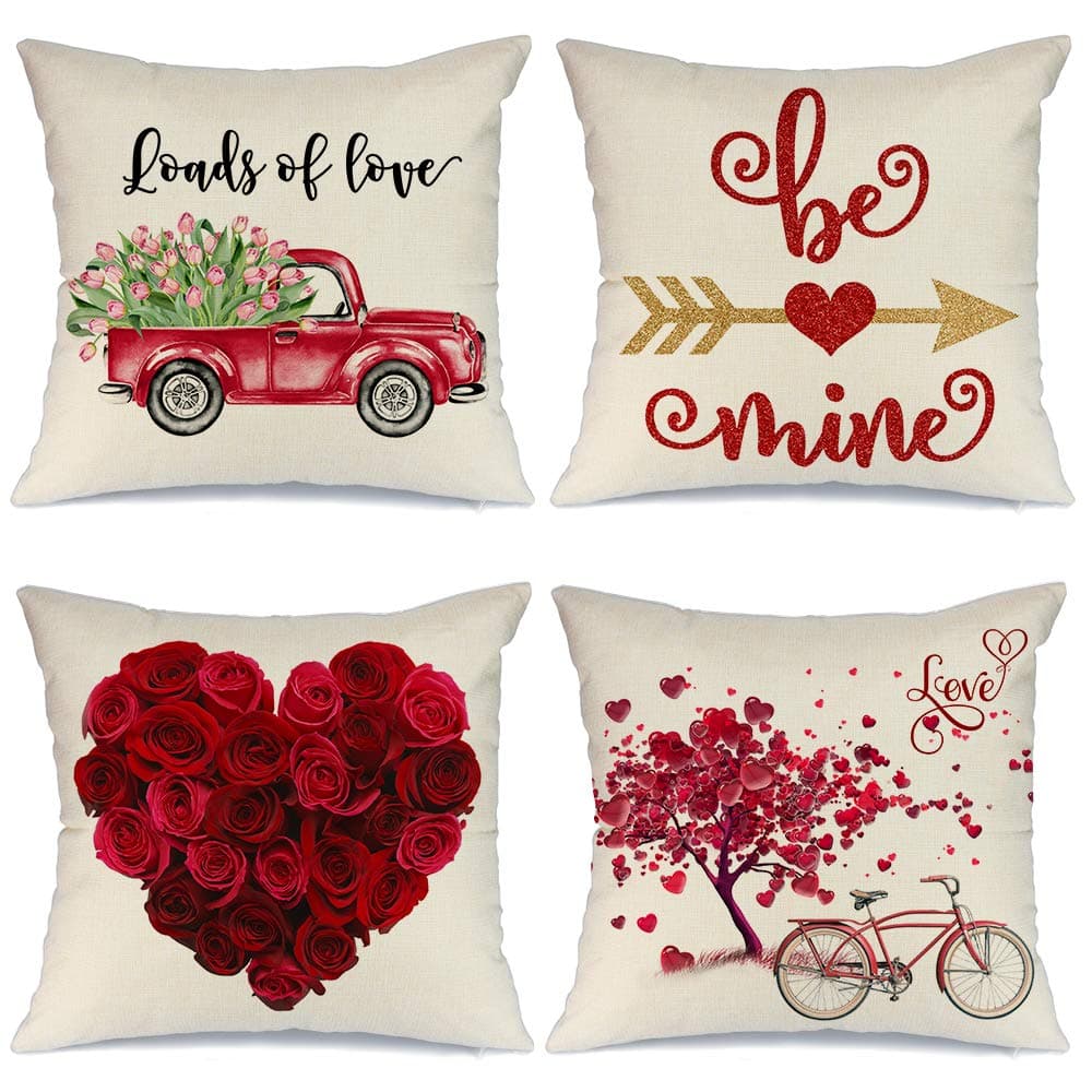 AENEY Valentines Day Pillow Covers 18x18 inch Set of 4 for Home Decor Truck Flower Red Heart and Love Bicycle Decor Valentines Day Throw Pillows Decorative Cushion Cases Valentine Decorations A286