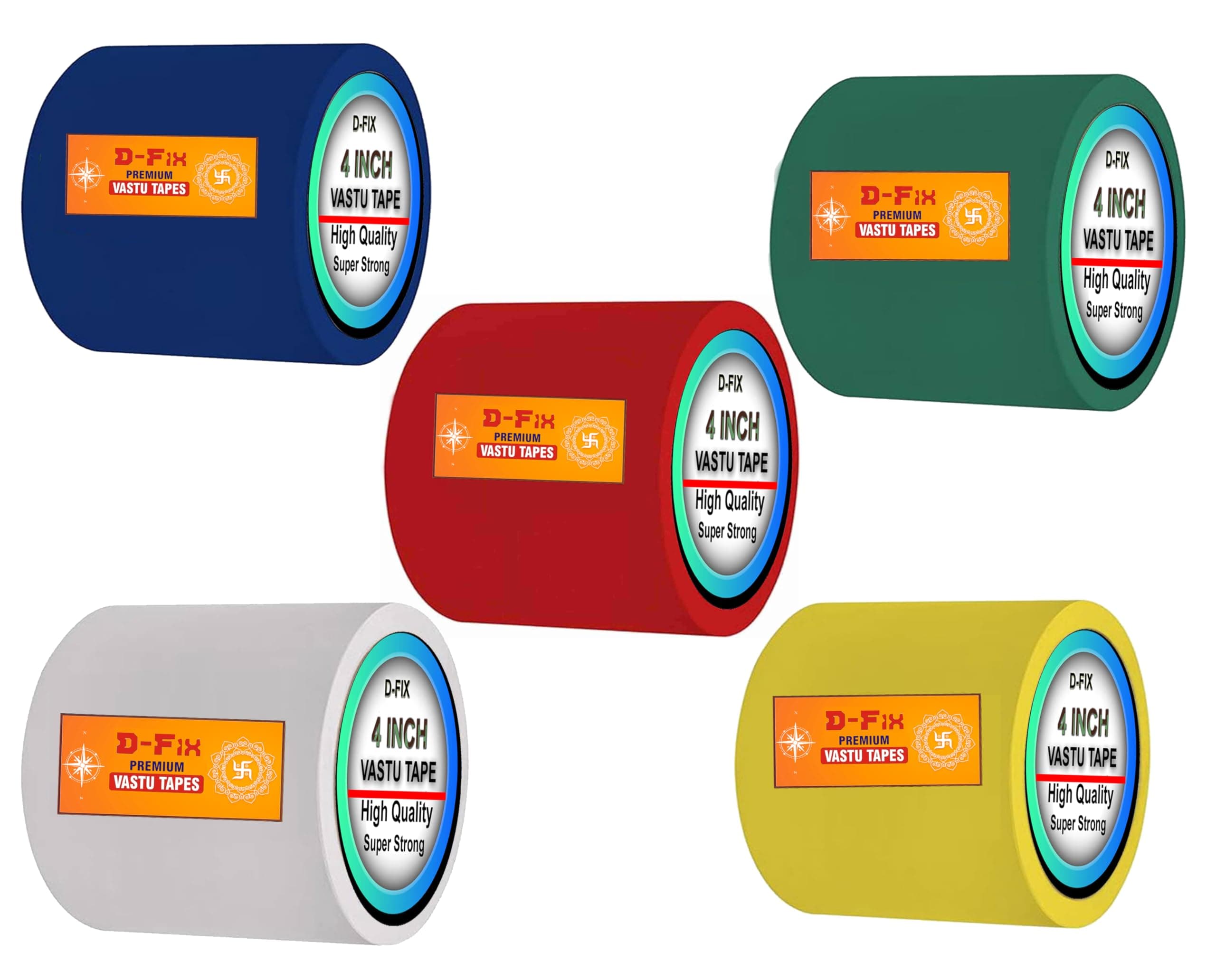 D-fix® Vinyl Vastu Color Floor Tapes - 20 Meters Approx in Length 96MM / 04" Width - 5 Roll Per Pack - Vastu Correction for WC Toilet and Entrance (Red, Yellow, Green, Blue and White)