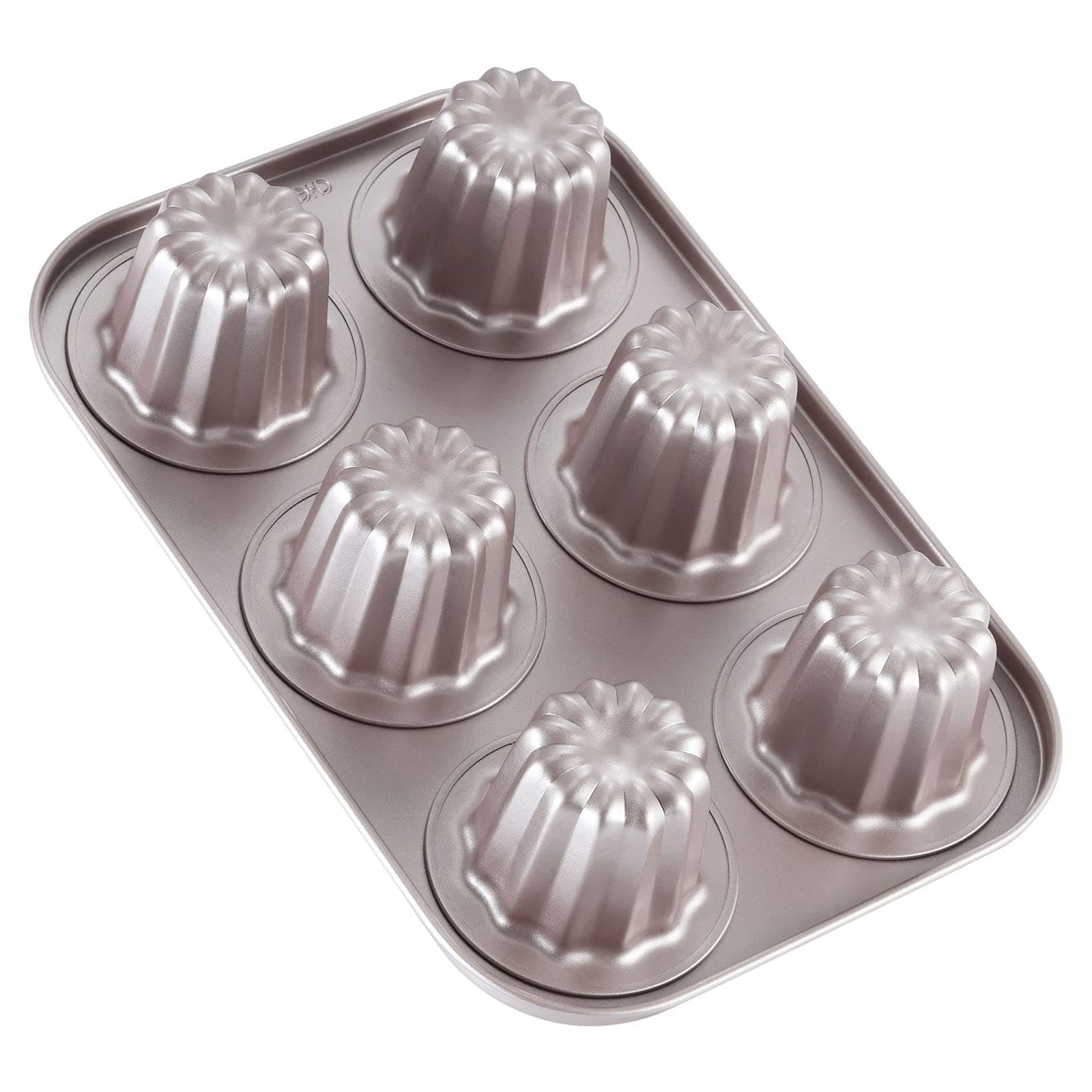 CHEFMADE Canele Mold Cake Pan, 6-Cavity Non-Stick Cannele Muffin Bakeware Cupcake Pan for Oven Baking (Champagne Gold)