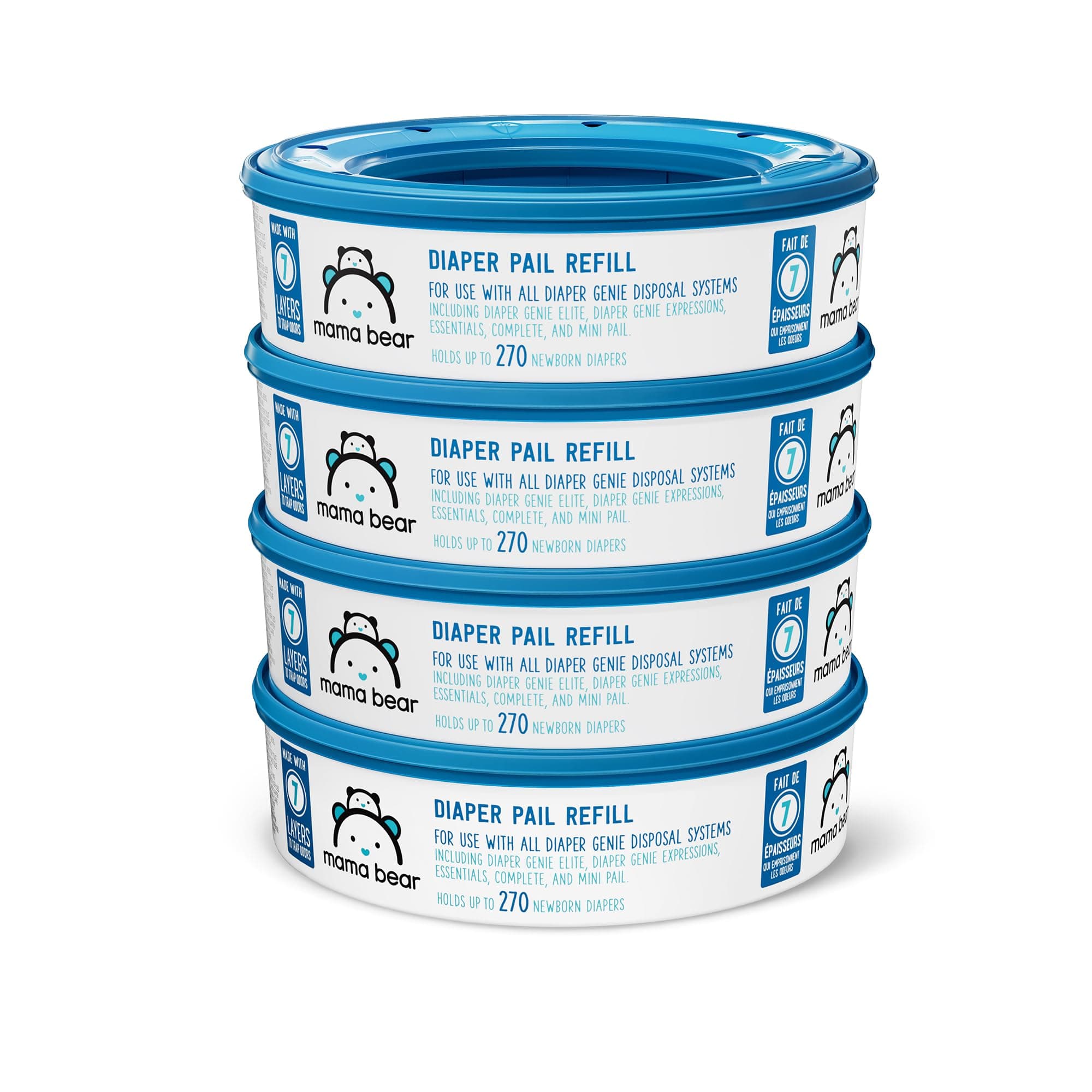 Amazon Brand - Mama Bear Diaper Pail Refills with Odor Control for Diaper Genie Pails, Unscented, 1080 Count (4 Packs of 270 Count)