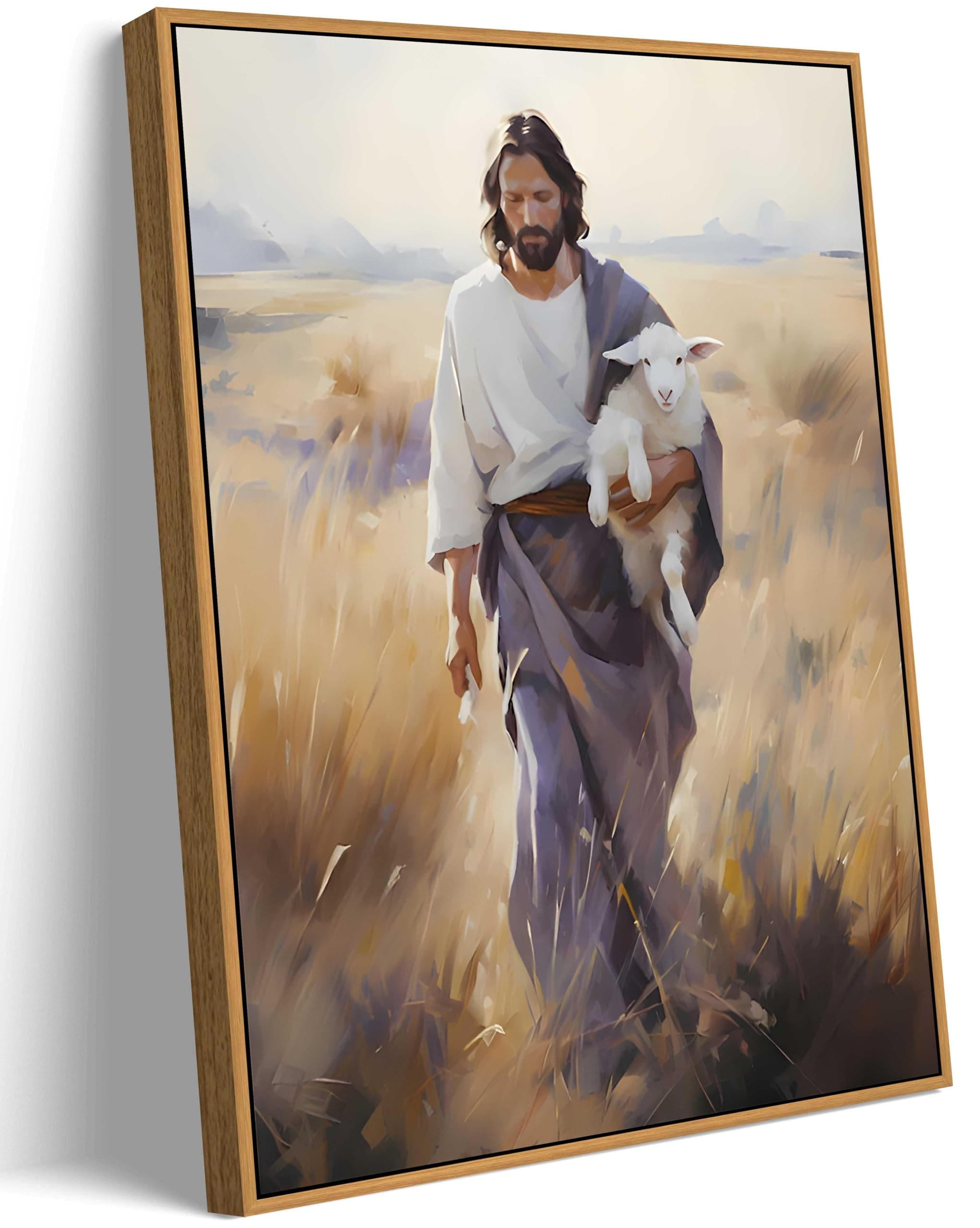 Framed Jesus and Lamb Canvas Wall Art Jesus Christ The Good Shepherd Picture Prints God Faith Poster Artwork Christian Home Bedroom Decoration 12x16in