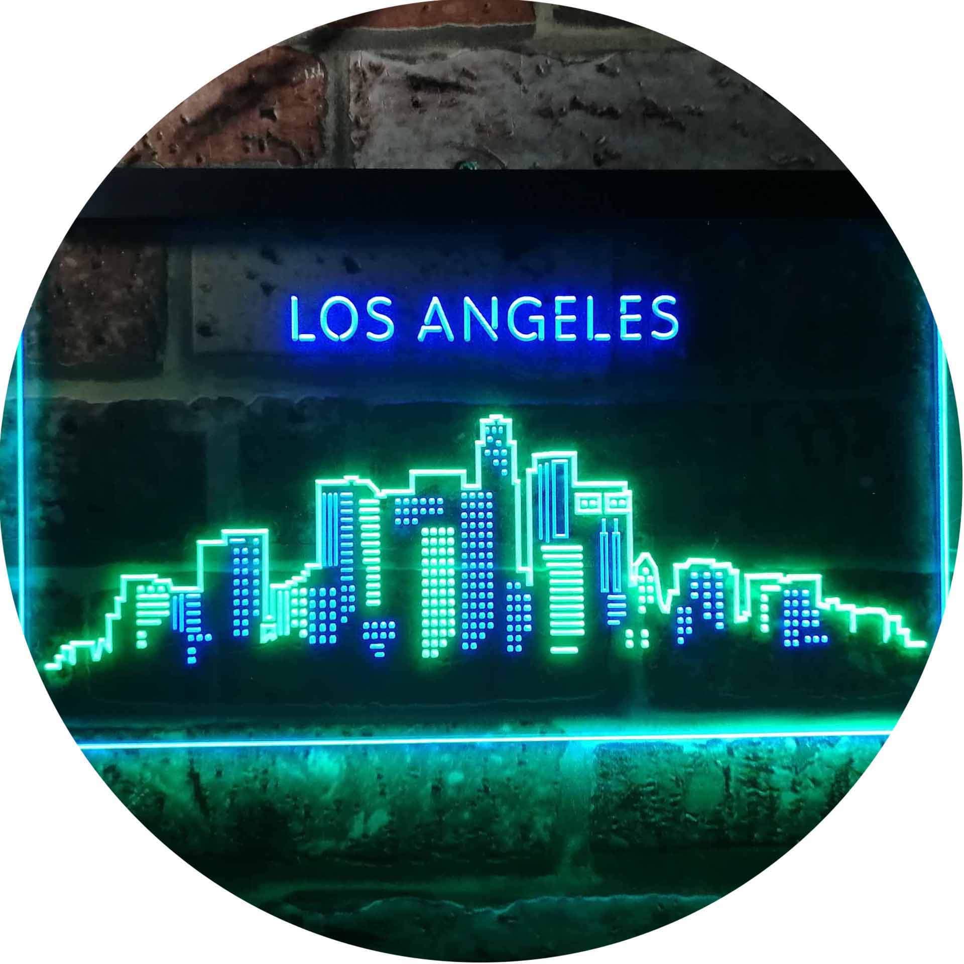 Los Angeles City Skyline Silhouette Dual Color LED Neon Sign Green & Blue 12" x 8.5" st6s32-i3280-gb