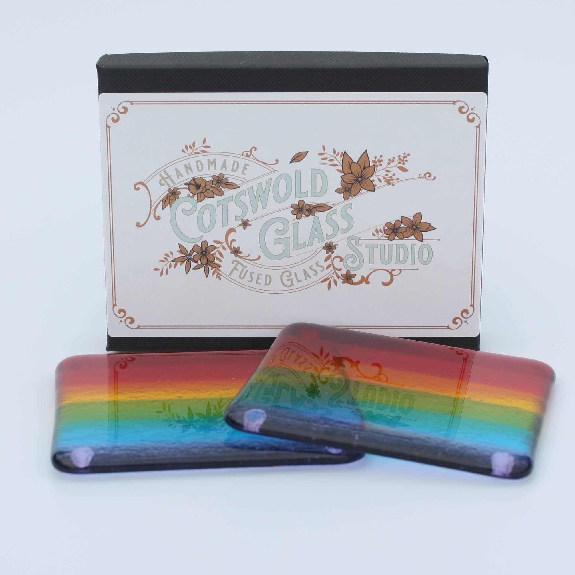 Handmade Drink coaster set, two handmade fused glass coasters, striped rainbow drinks coasters