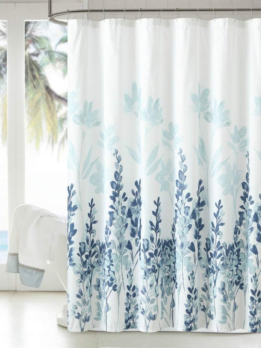 MangGou Fabric Shower Curtain,Japanese Style Flowers Shower Curtain Liner, Polyester Bathroom Curtain with 12 Hooks,Machine Washable,Teal & Blue,72 x 72 inch