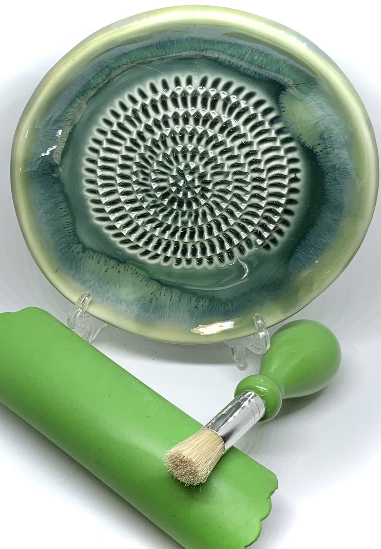 BonCera, All-in-one 4 Premium Ceramic Garlic Grater Set - Hand-Made, Deep Green Glazed Design Grater Plate w/Garlic Peeler, Gathering Brush n Stand, It's also grating Turmeric, Ginger, and more, G-519