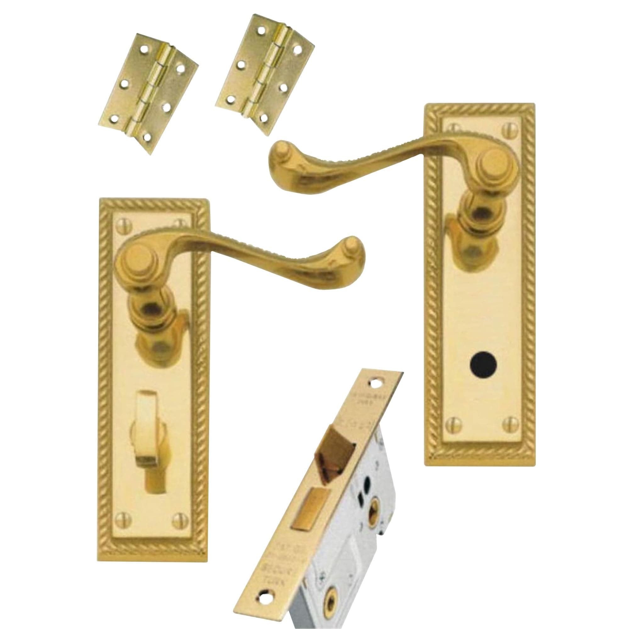 Interior Door Handle Set - Georgian Polished Brass Plate, External Door Handles & Internal Door Lever Lock, Bathroom Door Handles with Lock, Secure & Elegant (Bathroom Pack)