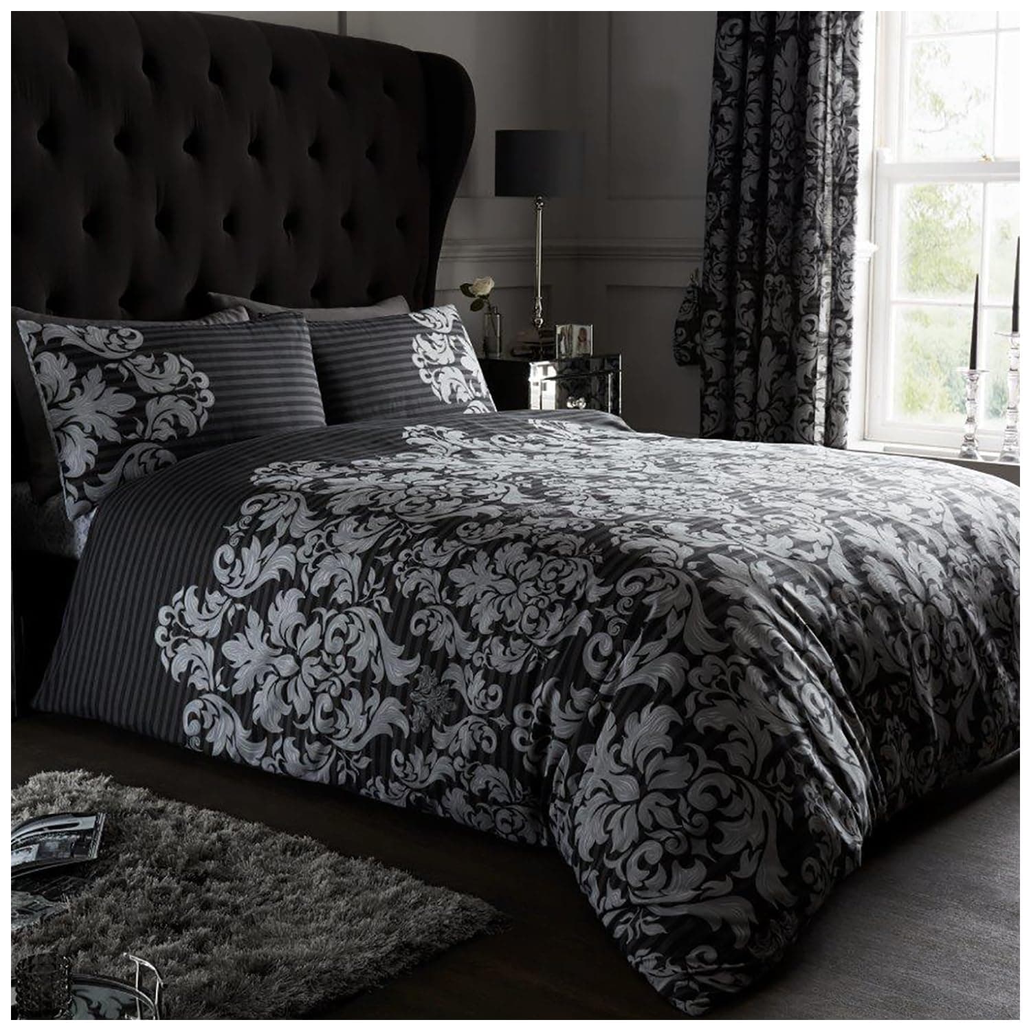 Gaveno Cavailia Luxurious Empire Damask Bed Set with Duvet Cover and Pillow Cases, Polyester-Cotton, Black, King, 11152743