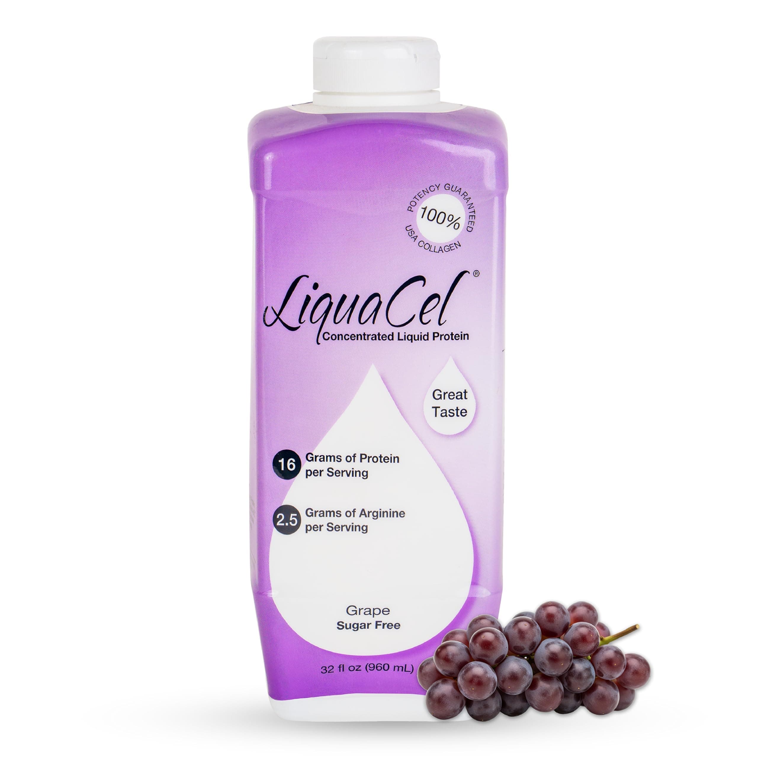- LiquaCel Concentrated Liquid Protein, Grape Flavor, Ready-to-Drink, 16g Hydrolyzed Collagen Protein and 2.5g Arginine Per 1oz Serving, Sugar & Gluten Free, 32 fl oz Bottle