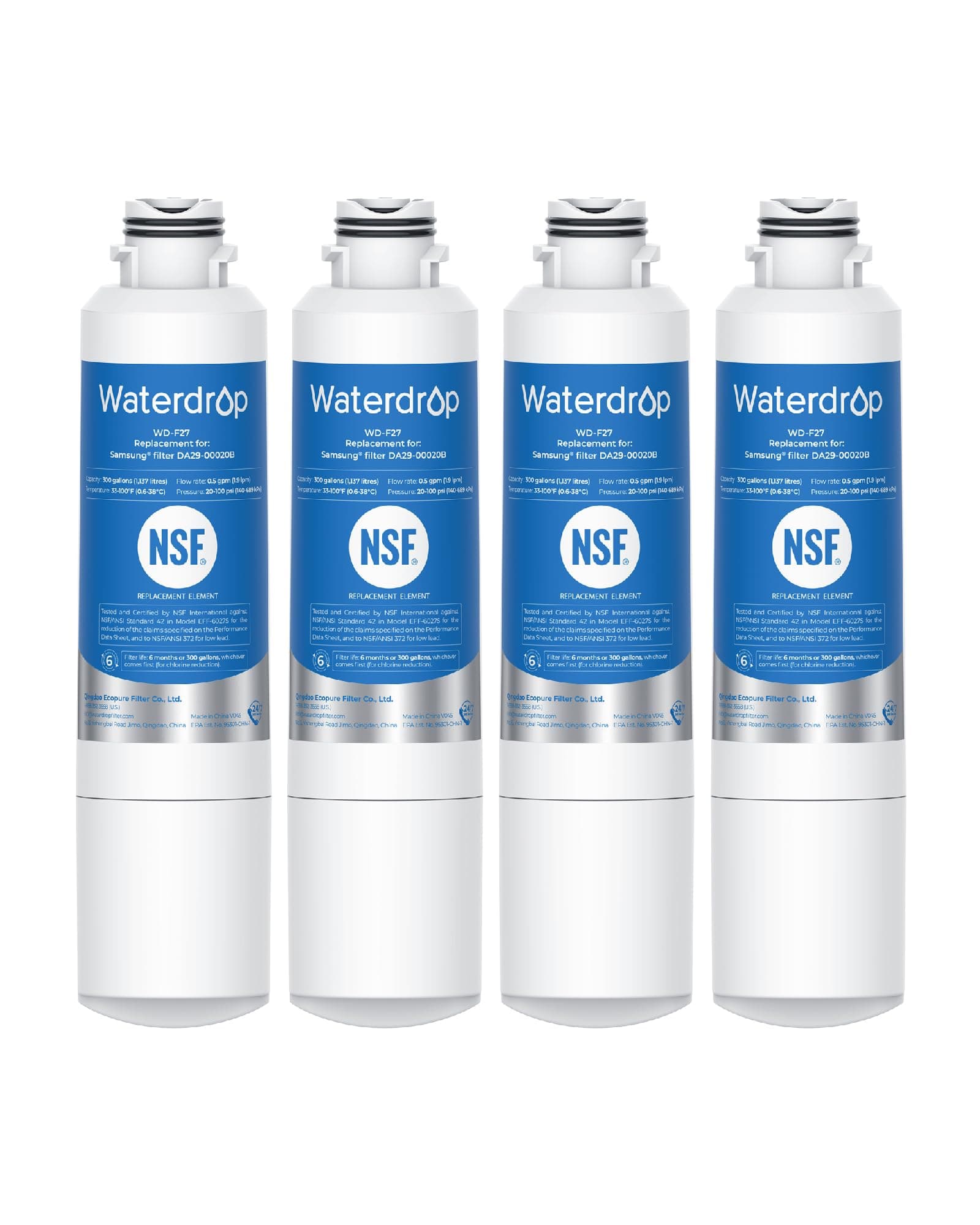 Waterdrop DA29-00020B NSF 53&42 Certified Refrigerator Water Filter, Replacement for Samsung HAF-CIN/EXP, DA29-00020A/B, DA29-00020B-1, RF263BEAESR, RF28HMEDBSR, RS25J500DSR, RF4287HARS, 4 Filters