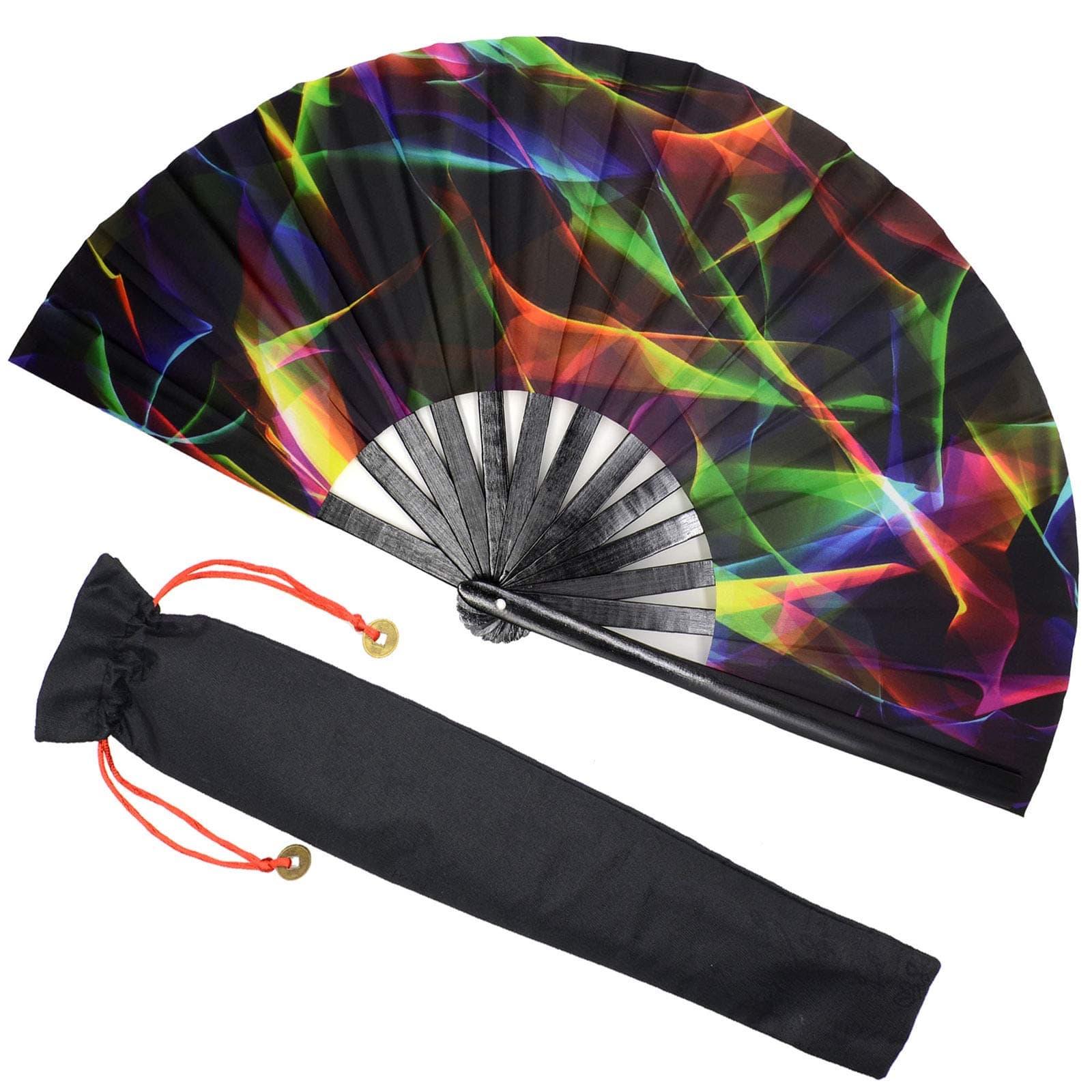 Zolee Large Rave Folding Hand Fan with Bamboo Ribs for Men/Women - Chinese Japanese Handheld Fan with Fabric Case - for Dance Music Festival Party, Performance, Decorations, Gift (Colorful)