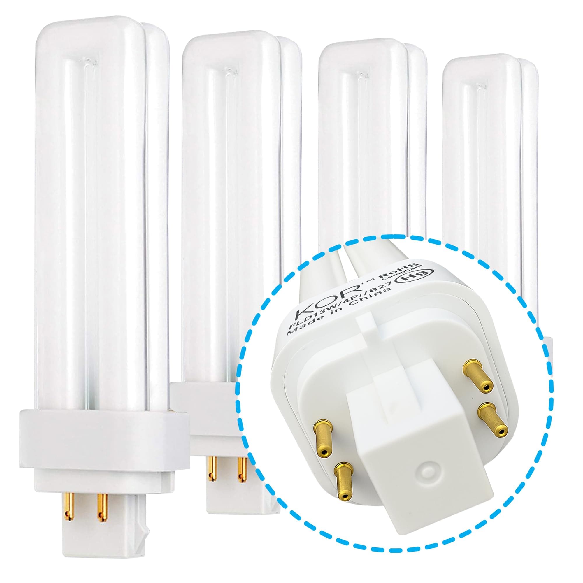 KOR - 13 Watt Double Tube - G24Q-1 (4 Pin)Base, 2700K Warm White - CFL Light Bulb. Replaces Sylvania 20682 CF13DD/E/827 - Philips 38325-7 PL-C 13W/827/4P/ALTO and GE 97594 F13DBX/827/ECO4P (4 Pack)