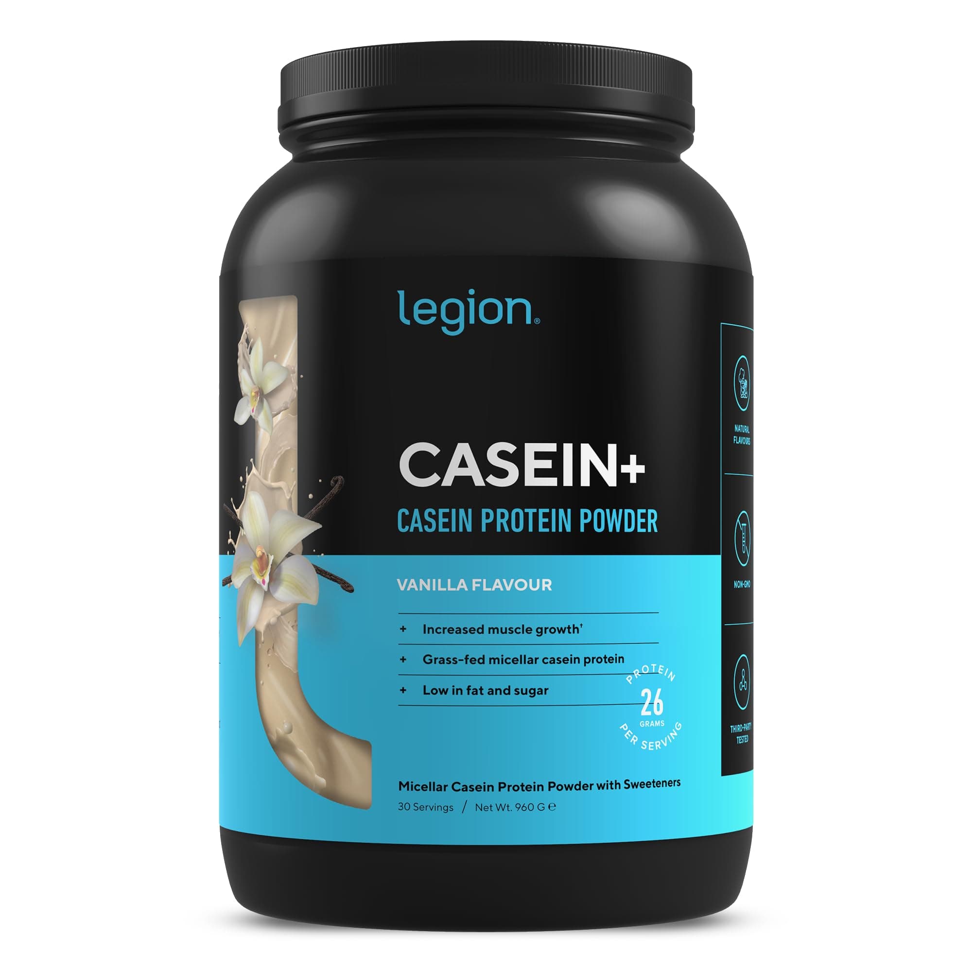 Legion Casein+ Vanilla Pure Micellar Casein Protein Powder - Non-GMO Grass Fed Cow Milk, Natural Flavors & Stevia, Low Carb, Keto Friendly - Best Pre Sleep (PM) Slow Release Muscle Recovery Drink 2lb