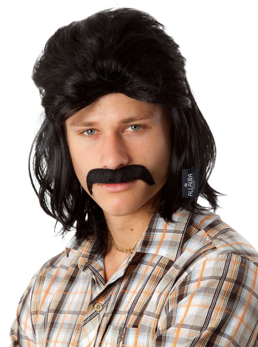 80s Mullet & Mo Set - Mens Black Mullet Wig & Moustache - by Allaura