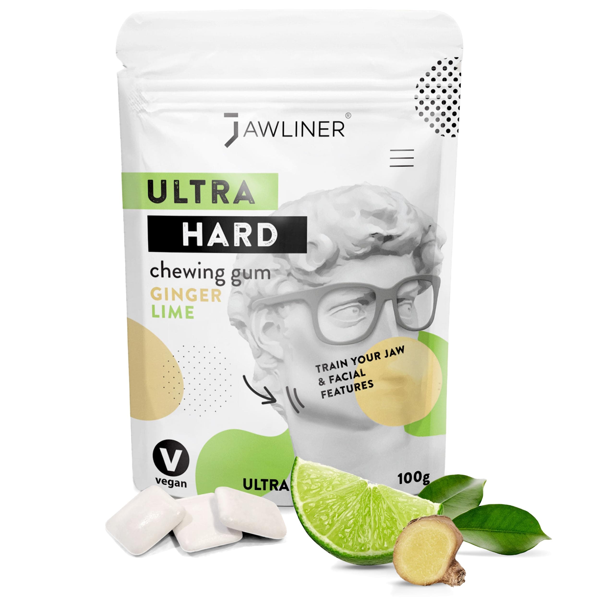 Jawliner® - Pioneers the Toughest Handmade 15x Harder Jawline Gum Includes 12 Weeks Coaching - Sugar-Free Ginger Lime Hard Gum - Jawline Exerciser for Mewing - Chewing Gum Shaping Jaw (2 Months Pack)