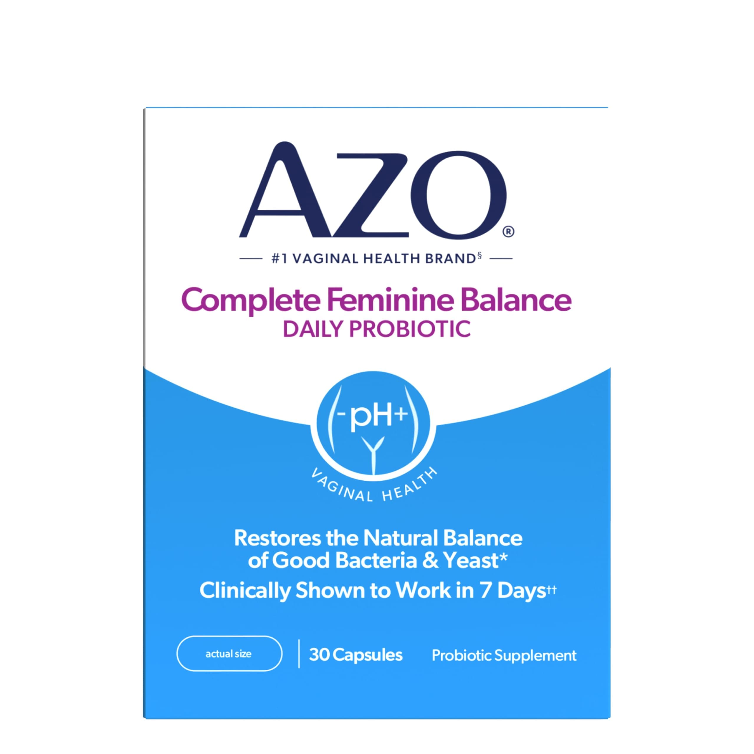 AZO Complete Feminine Balance Daily Probiotics for Women, Clinically Proven to Help Protect l Health, balance pH and yeast, Non-GMO, 30 Count