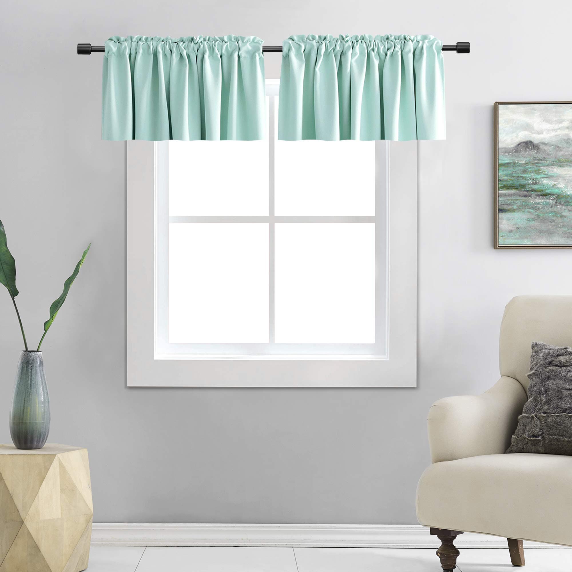 DONREN 2 Panels Room Darkening Aqua Valances for Windows - Rod Pocket Kitchen Window Treatment Valances (42 Wide by 15 Inches Long)