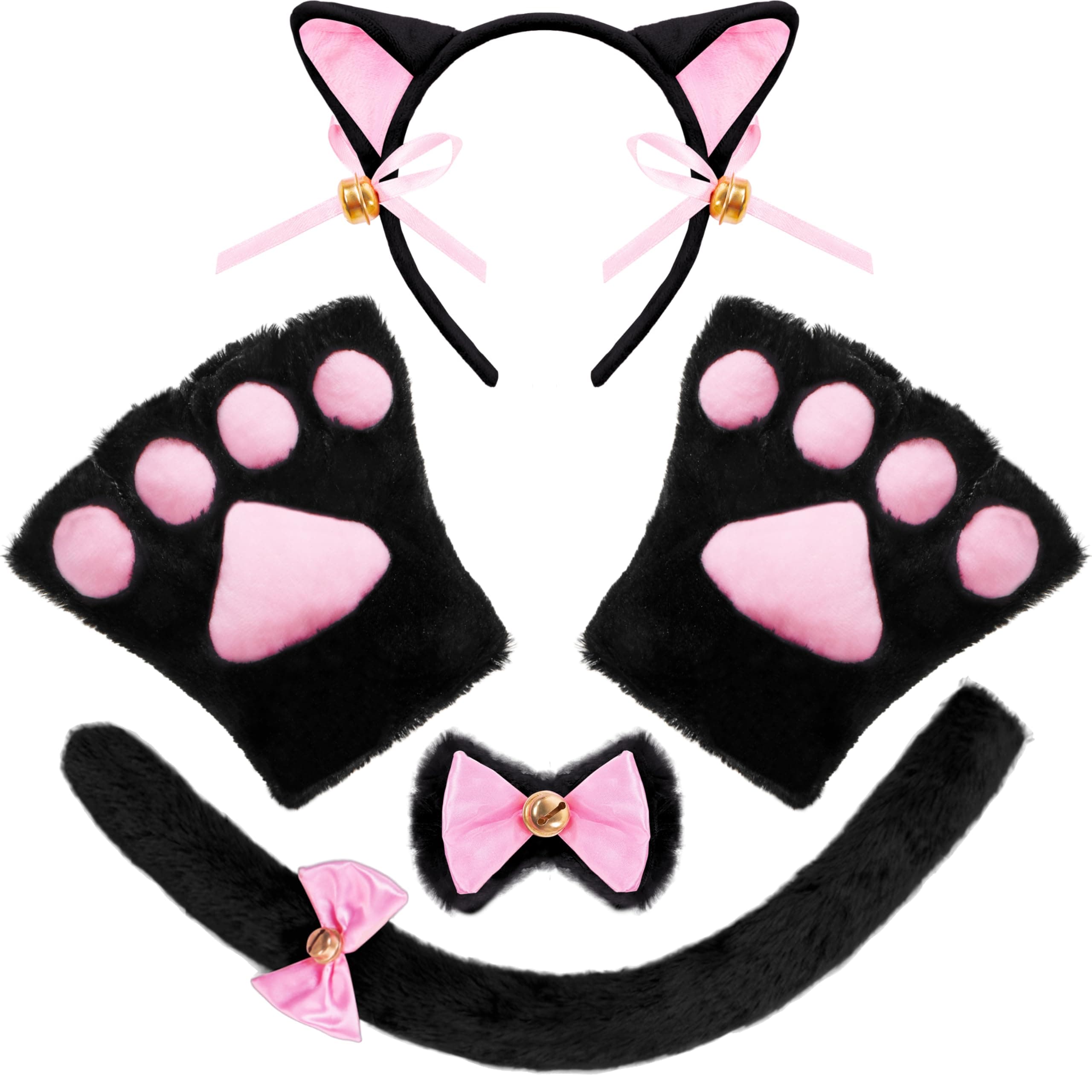 5 Pc Kitty Cat Halloween Costume Accessory Set with Headband for Aldult Kids for Dress Up Party