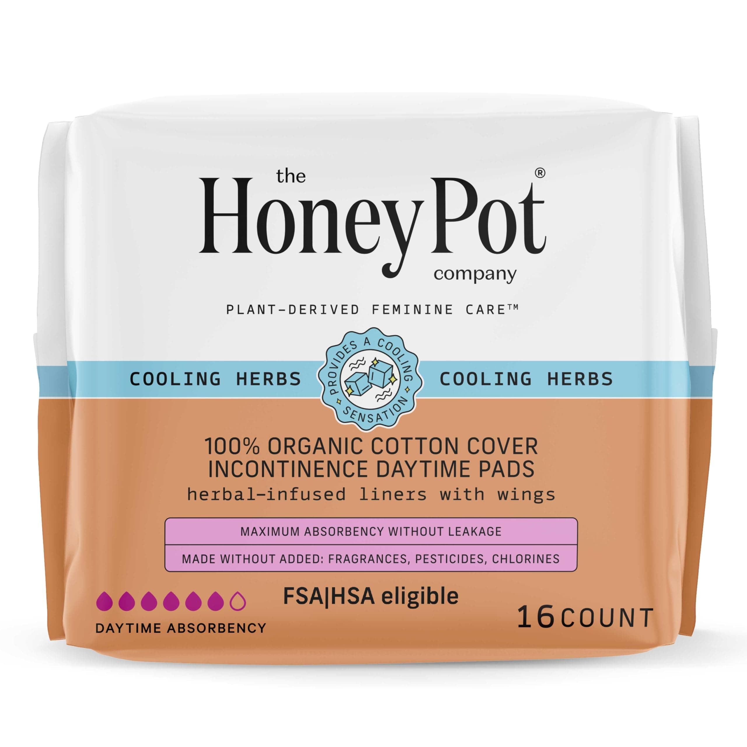 The Honey Pot Company, Herbal-Infused Cotton Incontinence Pads with Wings, 16 Count