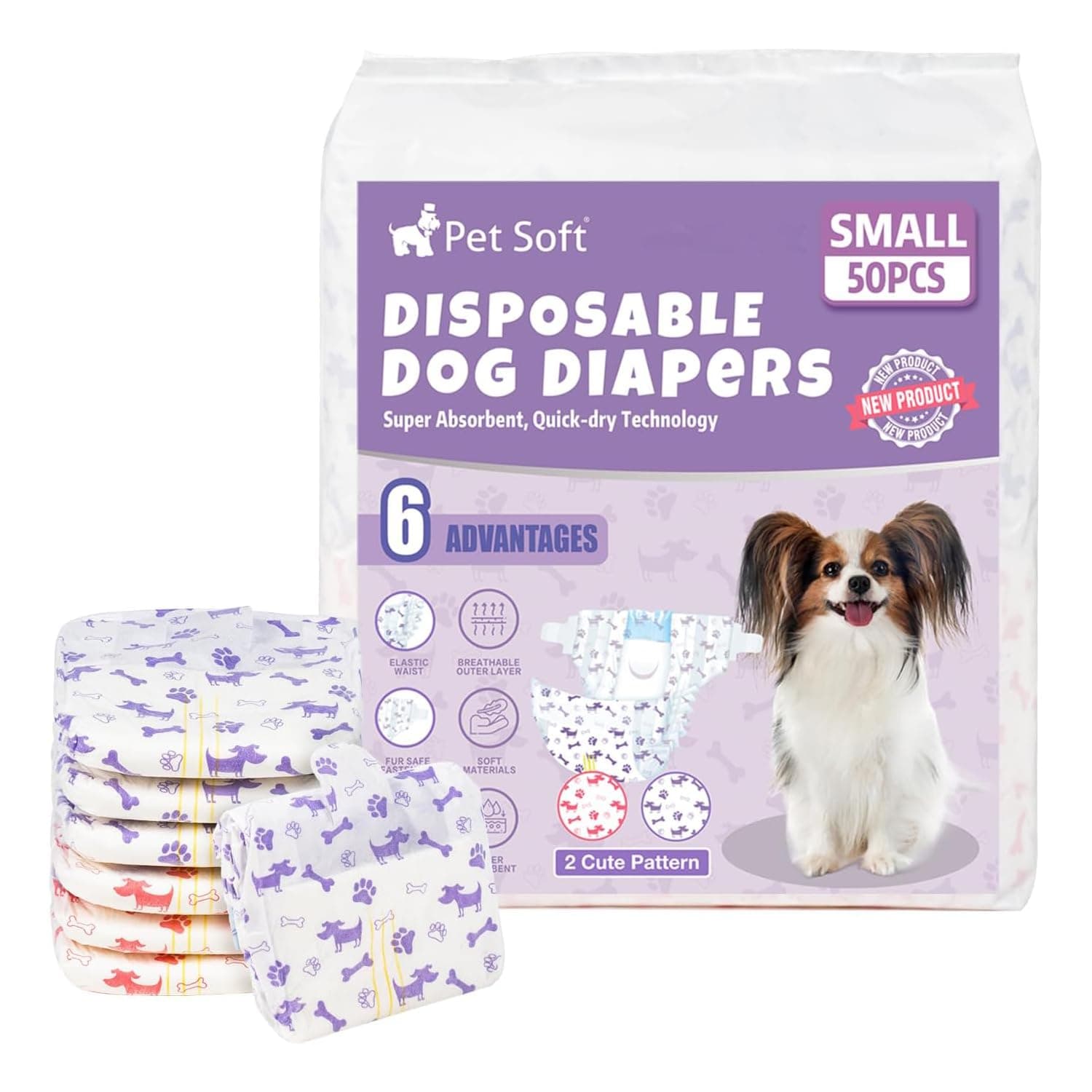 Pet Soft Female Dog Diapers - Disposable Doggie Diapers with Wetness Indicator, Puppy & Cat Diaper Super Absorbent, Fit for Female Dog in Heat or Incontinence, 50pcs (S, Mixed)