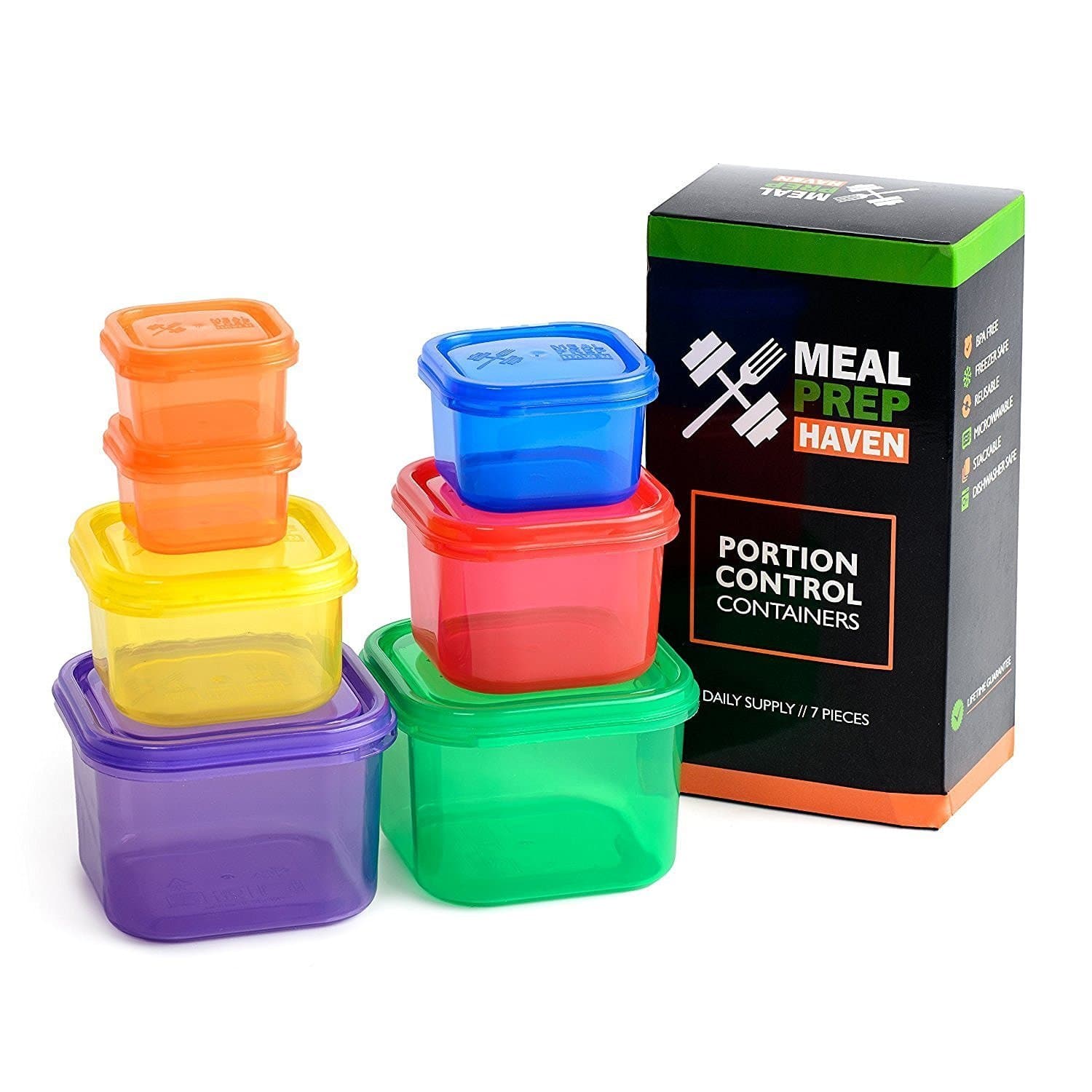 7 Piece Multi-Colored, Color Coded Portion Control Container Kit with Guide, Leak Proof, BPA Free, 21 Day Planner