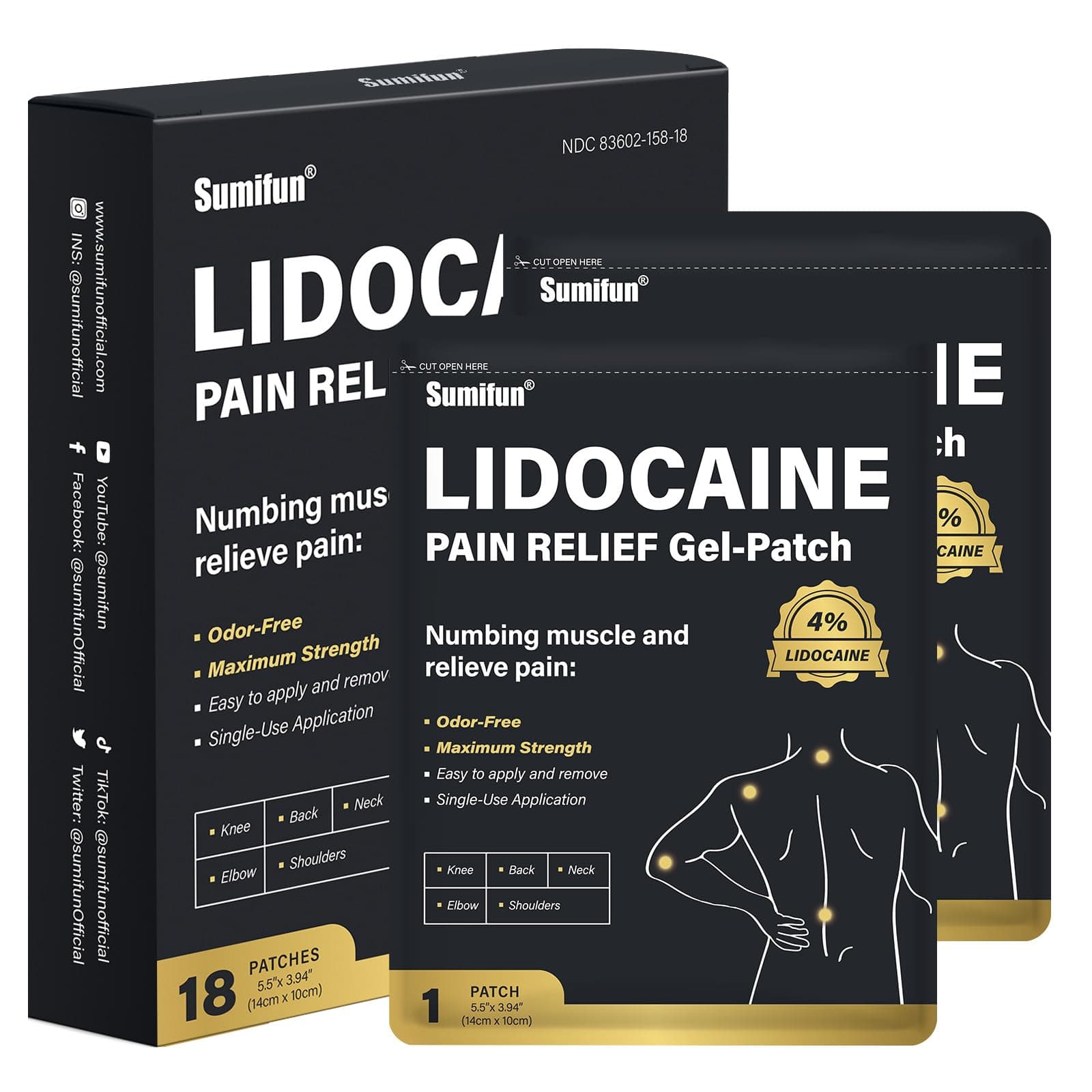 Sumifun 4% Lidocaine Patches, Long Lasting Plaster Patch for Knee, Shoulder, Muscle, Joints with Natural Ingredients, Extended Patch with Lidocaine (Large, Count, 18)