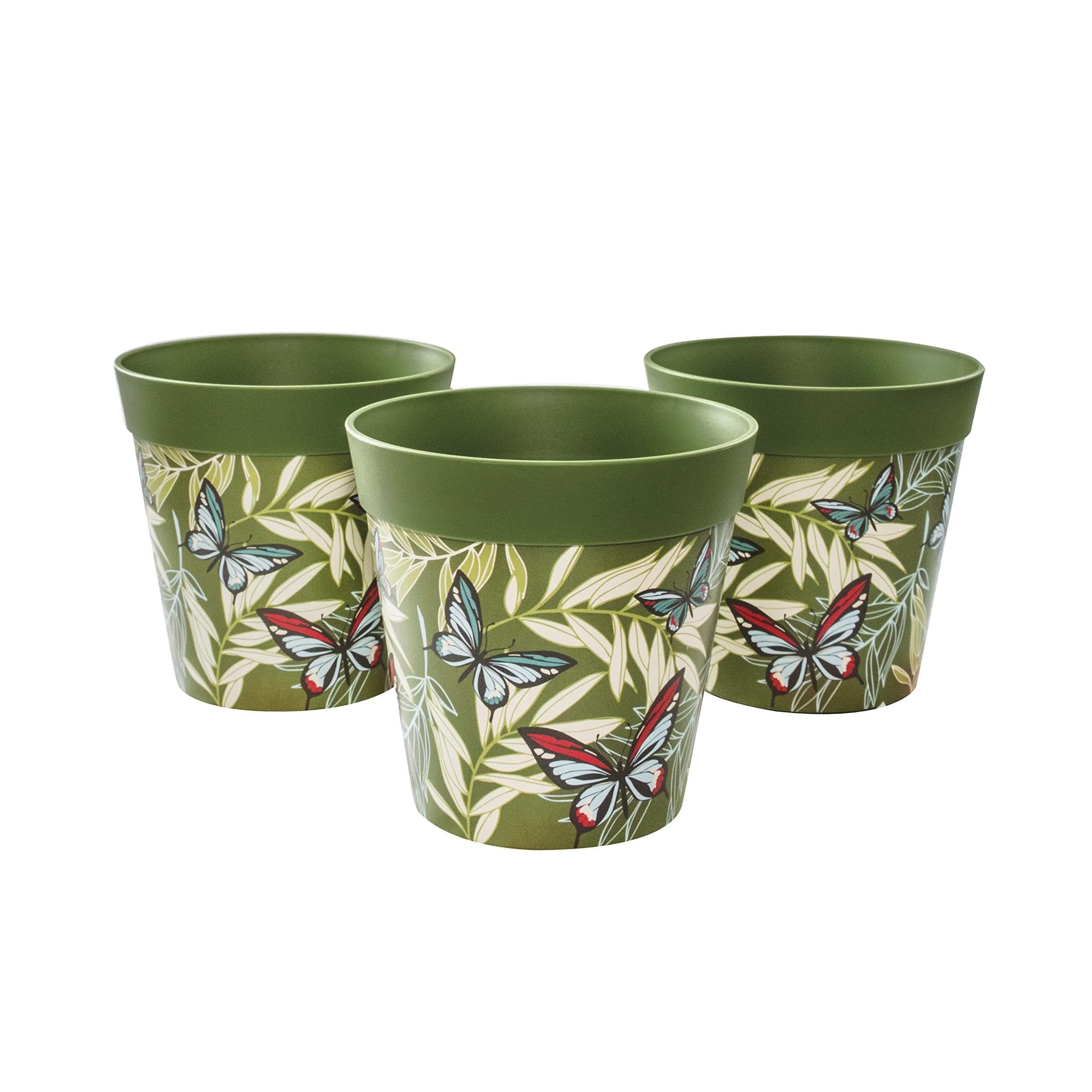 Hum Flowerpots, 15cm Set of 3, Various Patterns Colours and Sizes, Indoor/Outdoor Plastic Plant Pots, Green Butterfly Palm