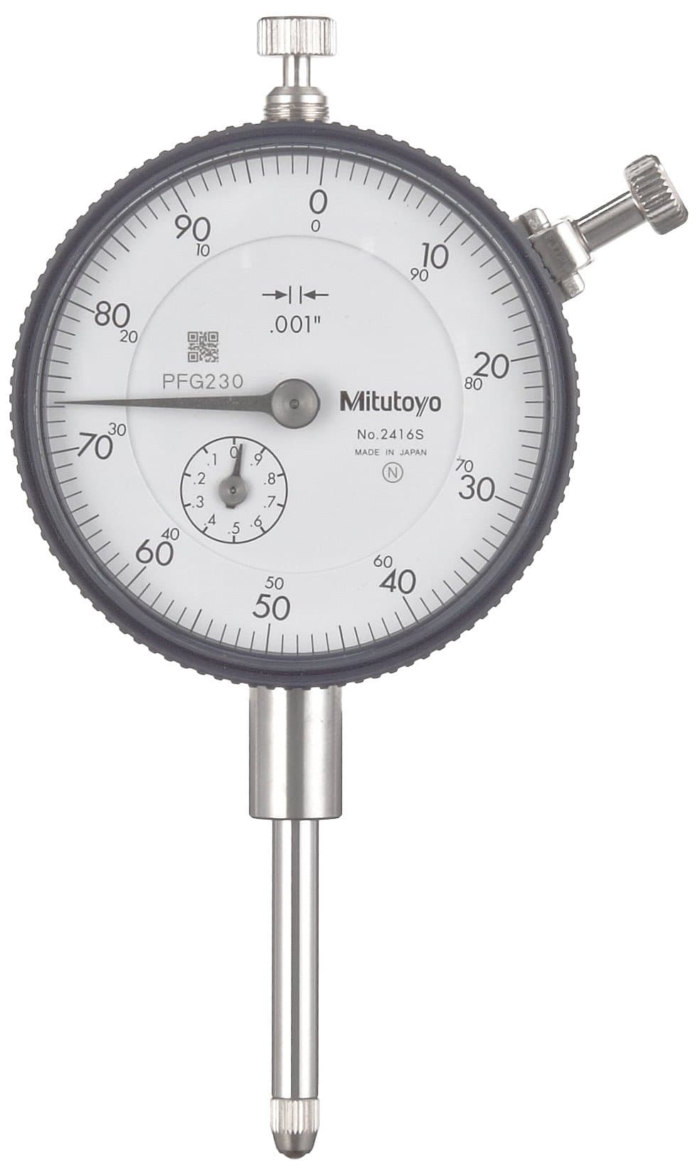 Mitutoyo 2416S Dial Indicator, 4-48 UNF Thread, 0.375 Stem Dia., Lug Back, White Dial, 0-100 Reading, 2.244 Dial Dia., 0-1 Range, 0.001 Graduation, -0.002 Accuracy.