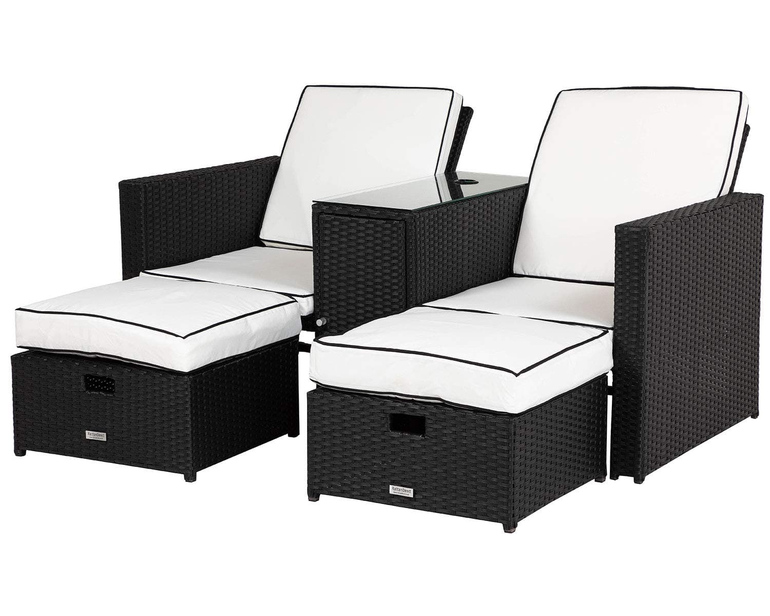 Rattan Garden Furniture Paris Double Sun Lounger Recliner Set with Side Table and Outdoor Covers in Black